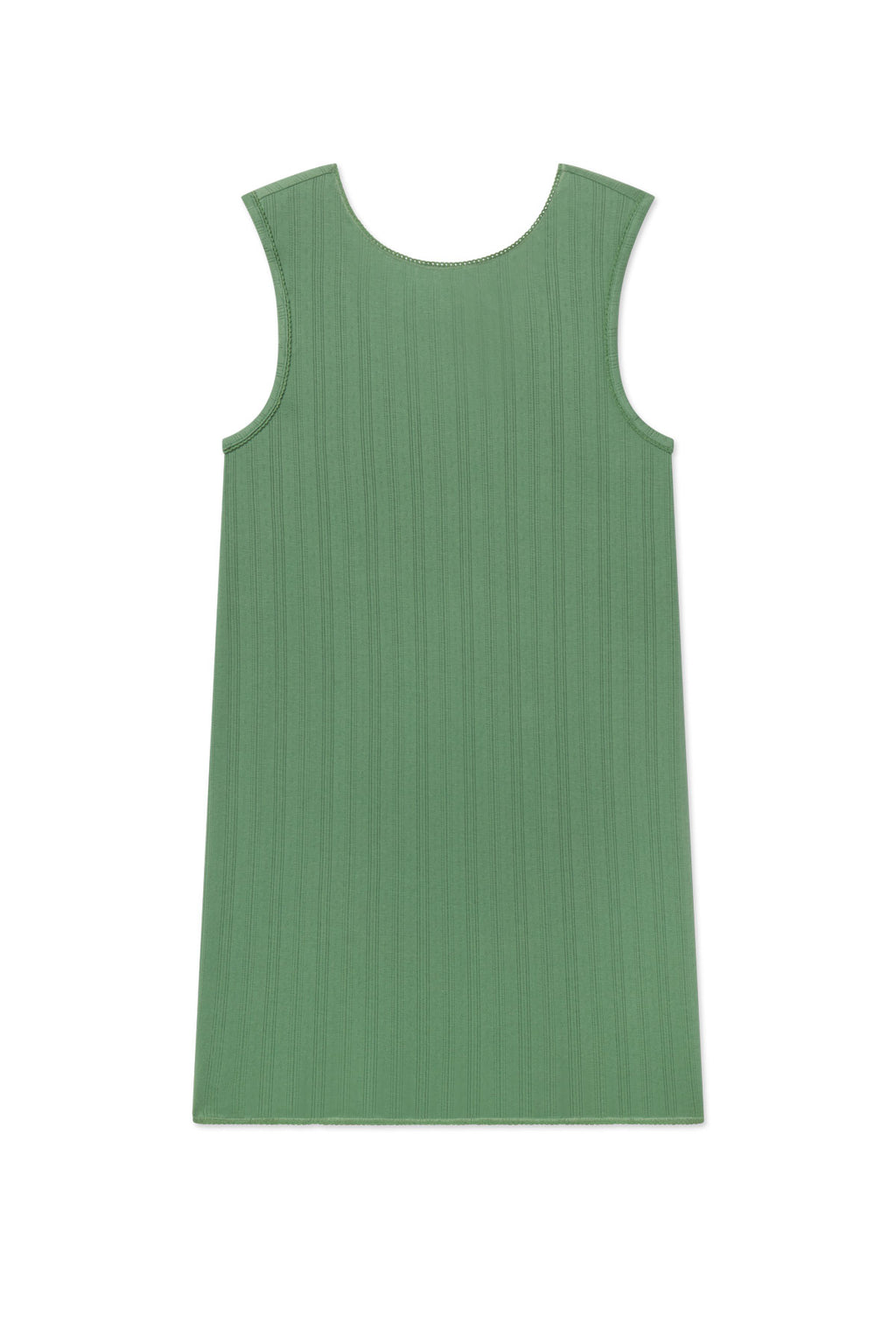 Sage green sleeveless tank gown with pointelle ribbed texture and rounded neckline.