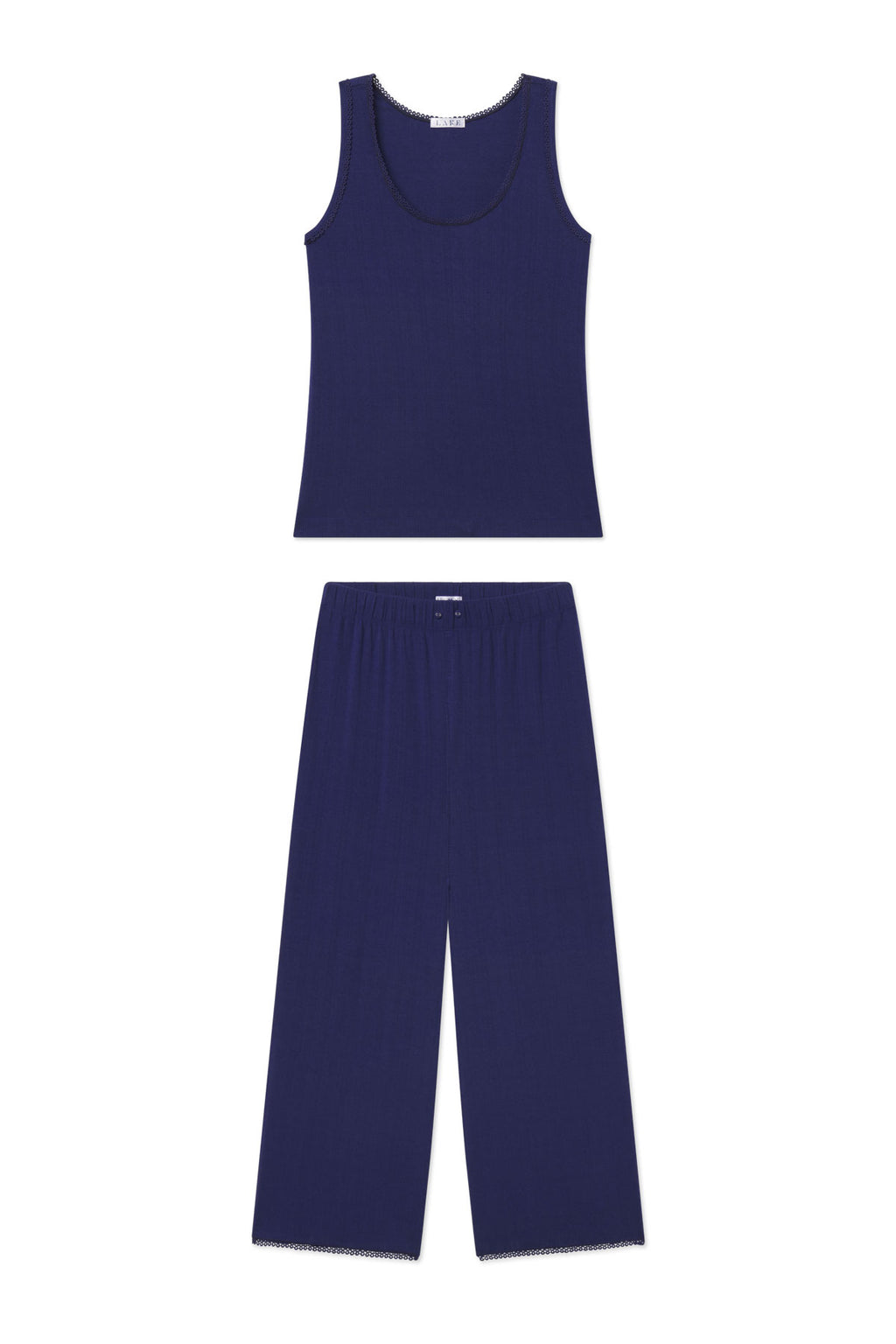 Navy blue sleeveless tank top and matching wide-leg pants with pointelle knit texture.