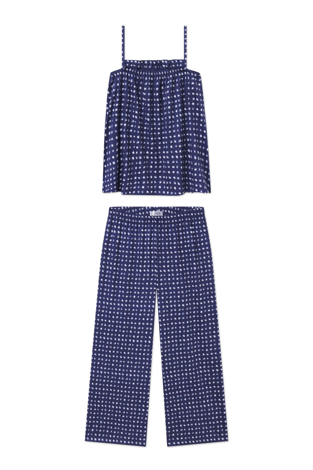 Navy blue check two-piece set with ruffle-trimmed camisole top and wide-leg pants.