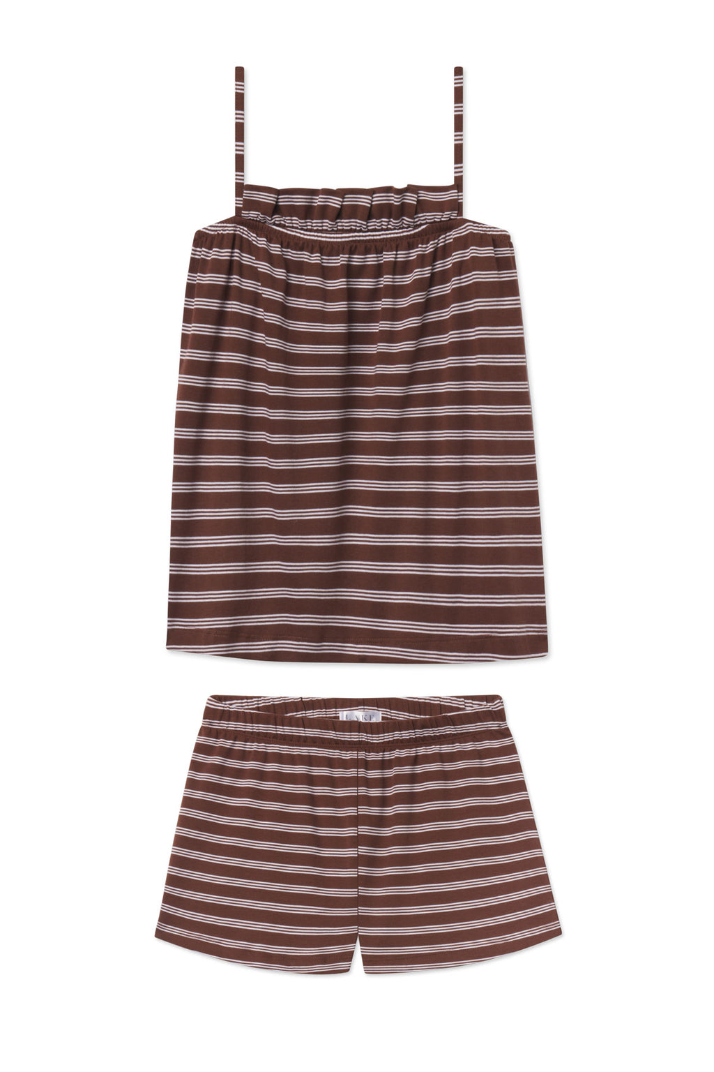 Brown and white striped tank top and shorts set with ruffle neckline and elastic waistbands.