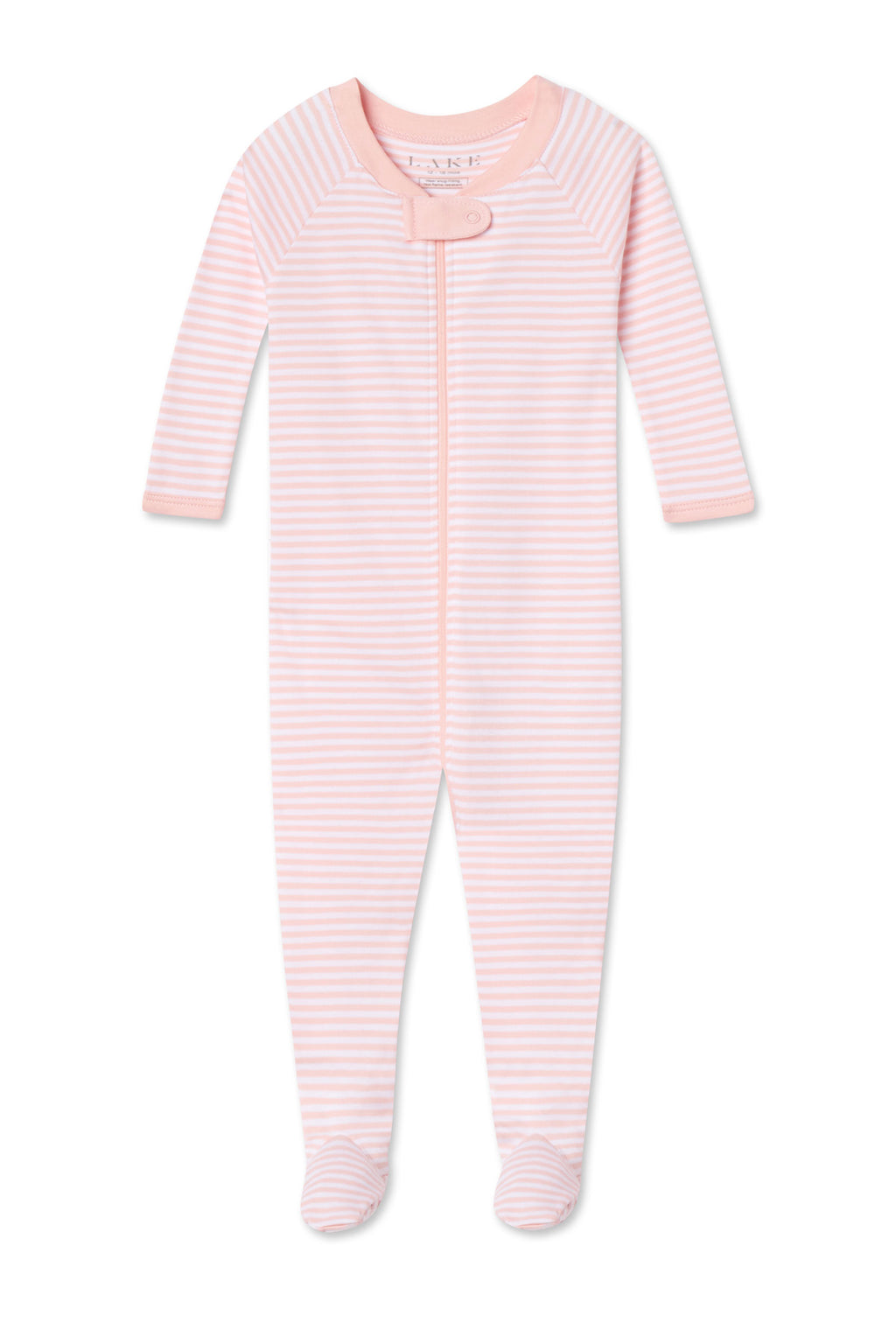 The Baby Sleeper in English Rose Stripe features light pink and white stripes, long sleeves, covered feet, a dual zipper from neck to left ankle, and is made from soft Pima cotton for comfort.