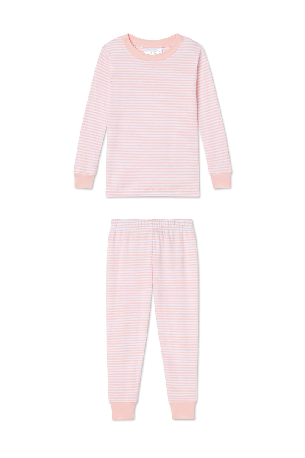 The Kids Long-Long Set in English Rose Stripe is a two-piece Pima cotton pajama for children, featuring a long-sleeve top and full-length pants in light pink with white stripes, solid pink cuffs, and an elastic waistband.