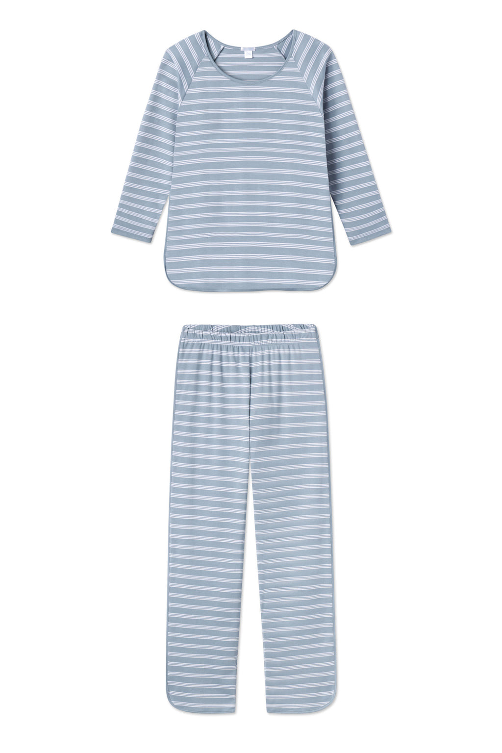 The Pima Long-Long Set in Dusty Blue Stripe is a children’s pajama set with long sleeves and pants, made from 100% Pima cotton and featuring dusty blue and white horizontal stripes. Displayed flat on a white background.