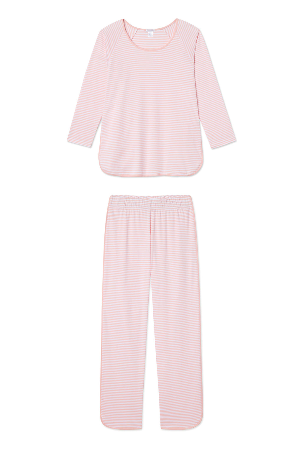 The Pima Long-Long Set in English Rose Stripe is crafted from soft Pima cotton and includes a long-sleeve, round-neck top with curved hems, plus full-length pants with an elastic waistband for comfort.
