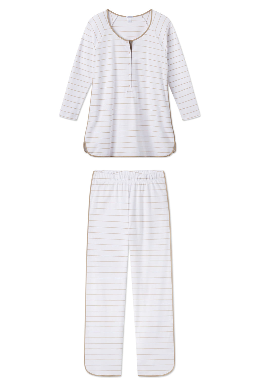 Two-piece maternity pajama set with tan and white horizontal stripes, three-quarter sleeve top with button front and matching