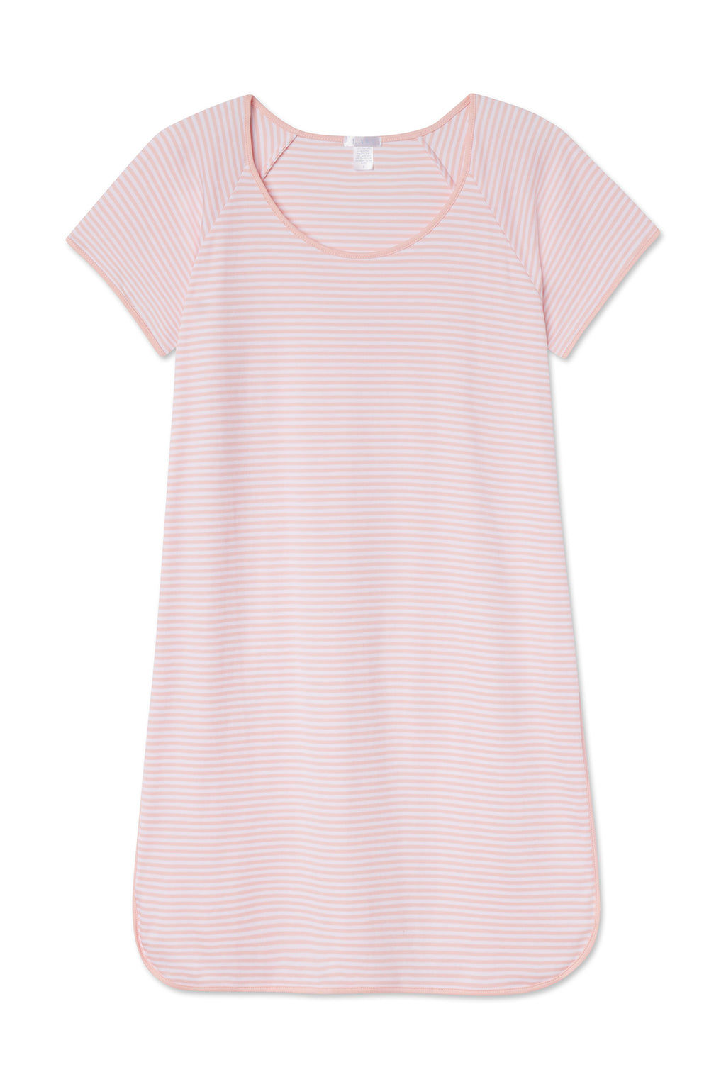 The Pima Nightgown in English Rose Stripe features light pink and white stripes, short sleeves, a round neckline, and a loose, comfortable fit in soft Pima cotton.