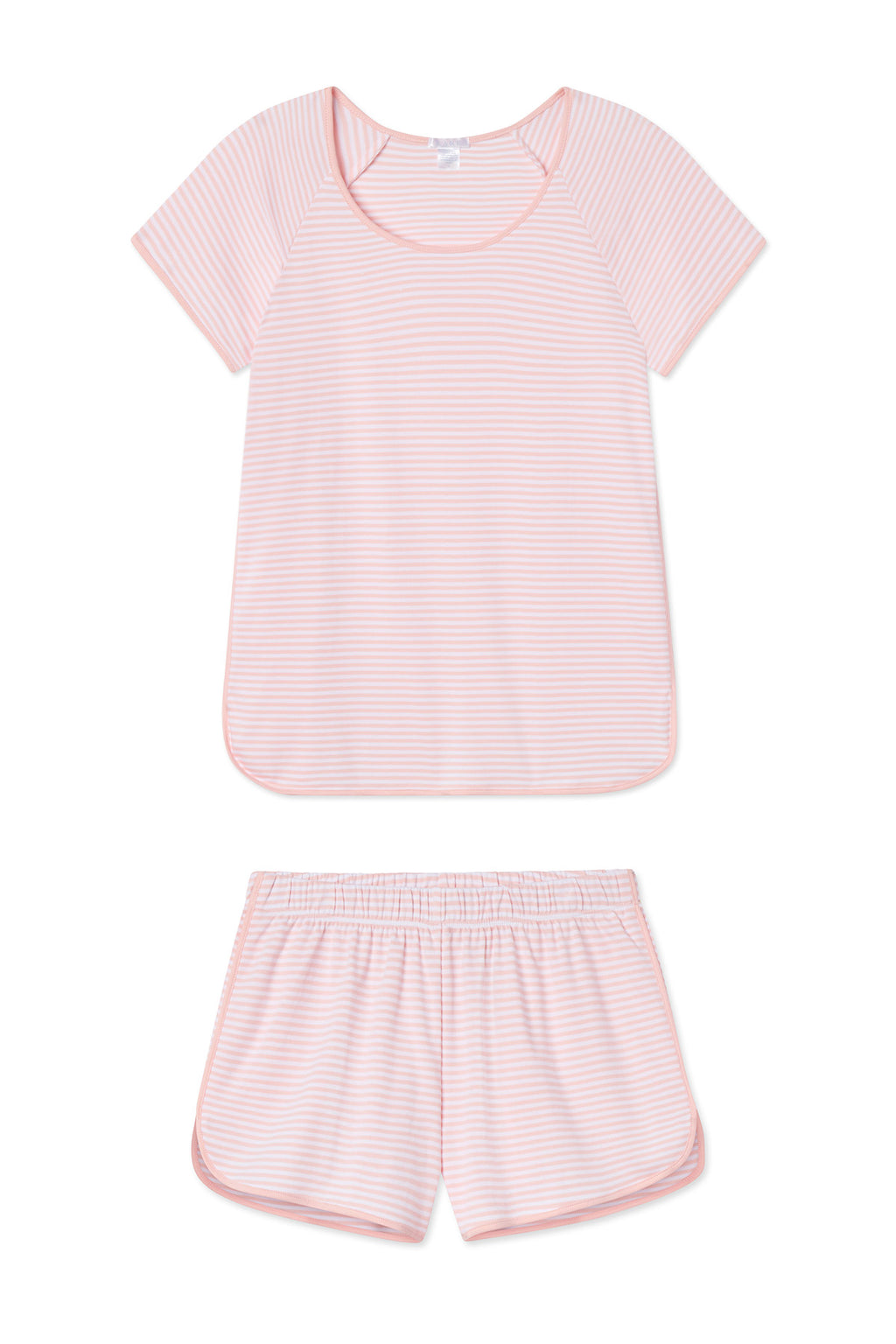 The Pima Shorts Set in English Rose Stripe features a pink and white two-piece pajama set with a short-sleeve, round-neck top and matching elastic-waist shorts, both crafted from soft Pima cotton and shown flat on a white background.