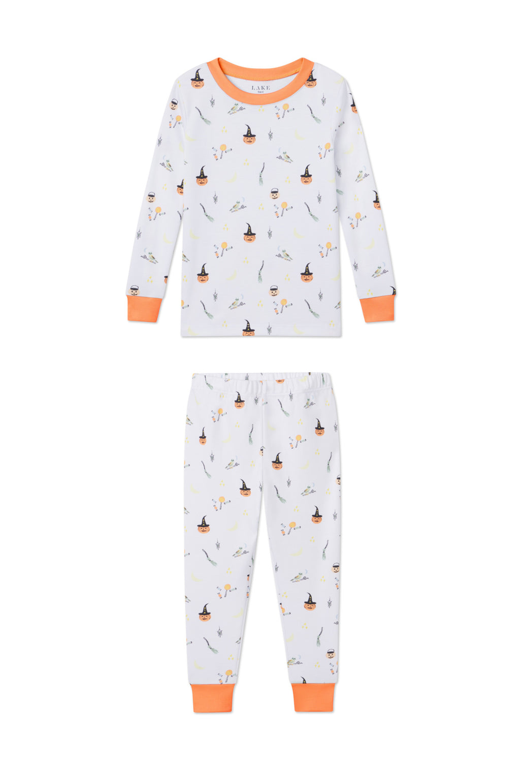 The Kids Long-Long Set in Trick or Treat features soft white fabric with playful, colorful Halloween illustrations and bright orange trim on the collar, cuffs, and ankles—perfect festive pajamas for children.