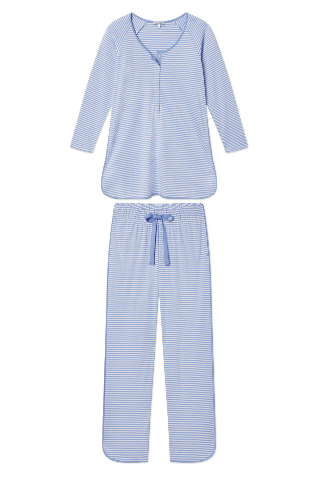 The Pima Maternity Long-Long Set in Hydrangea is a light blue Pima cotton pajama set with thin white stripes, featuring a nursing-friendly long-sleeve round-neck top with buttons and matching drawstring pants. Both are shown flat on a white background.