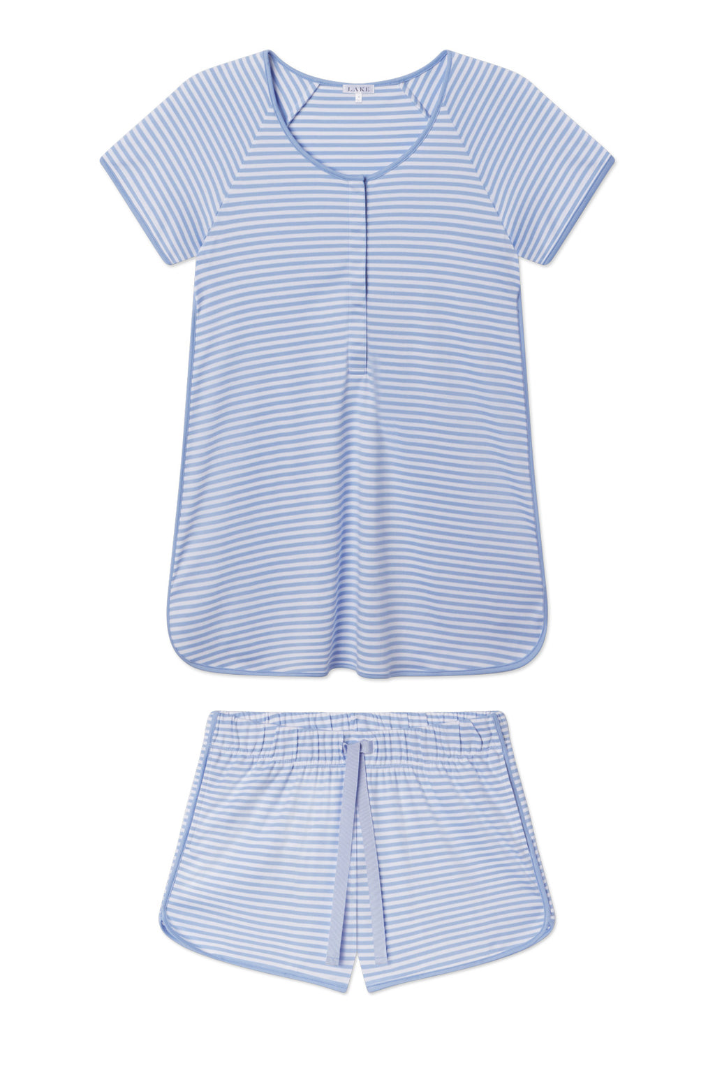 Pima Maternity Shorts Set in Hydrangea, featuring a light blue and white striped short-sleeve pajama top with round neckline and matching elastic-waist maternity shorts, both laid flat on a white background.