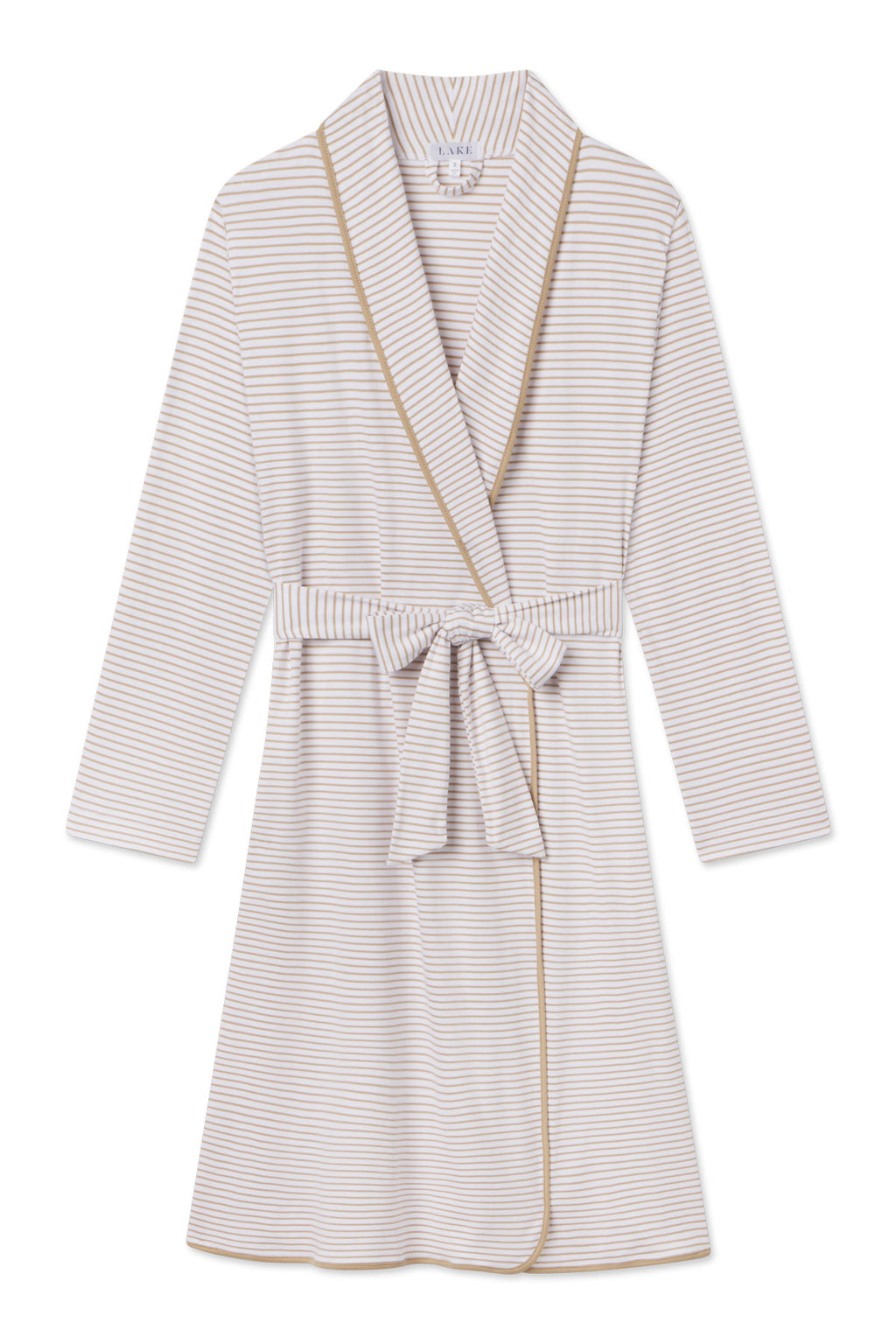 The Pima Robe in Sandstone Stripe is knee-length with long sleeves, a shawl collar, beige trim, and matching tie belt. Made from soft Pima cotton in thin beige and white stripes for ultimate comfort.