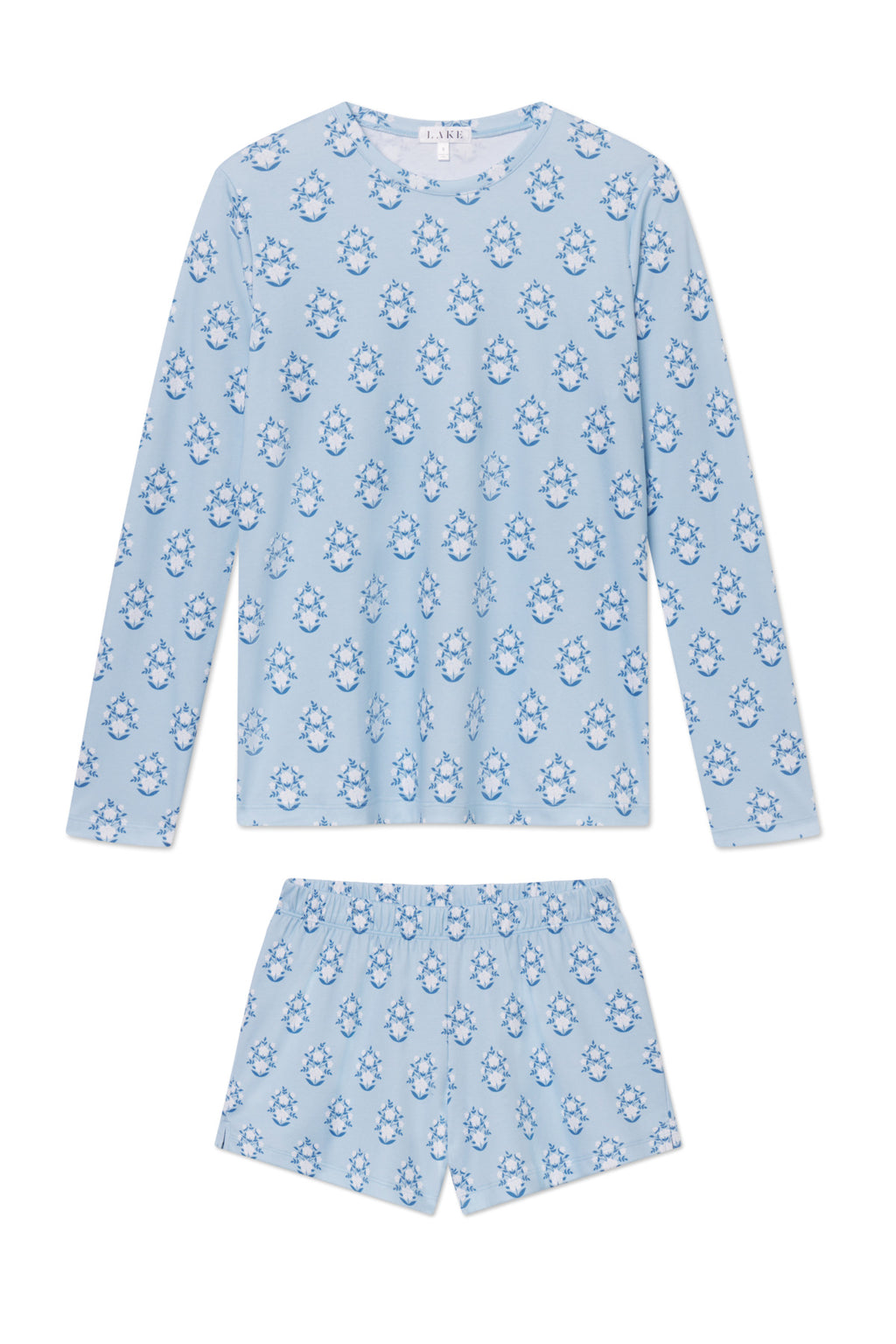 Pima Crew Long-Short Set in French Blue Cottage Floral, crafted from soft Pima Cotton. The pajama top and shorts are laid flat on a white background.