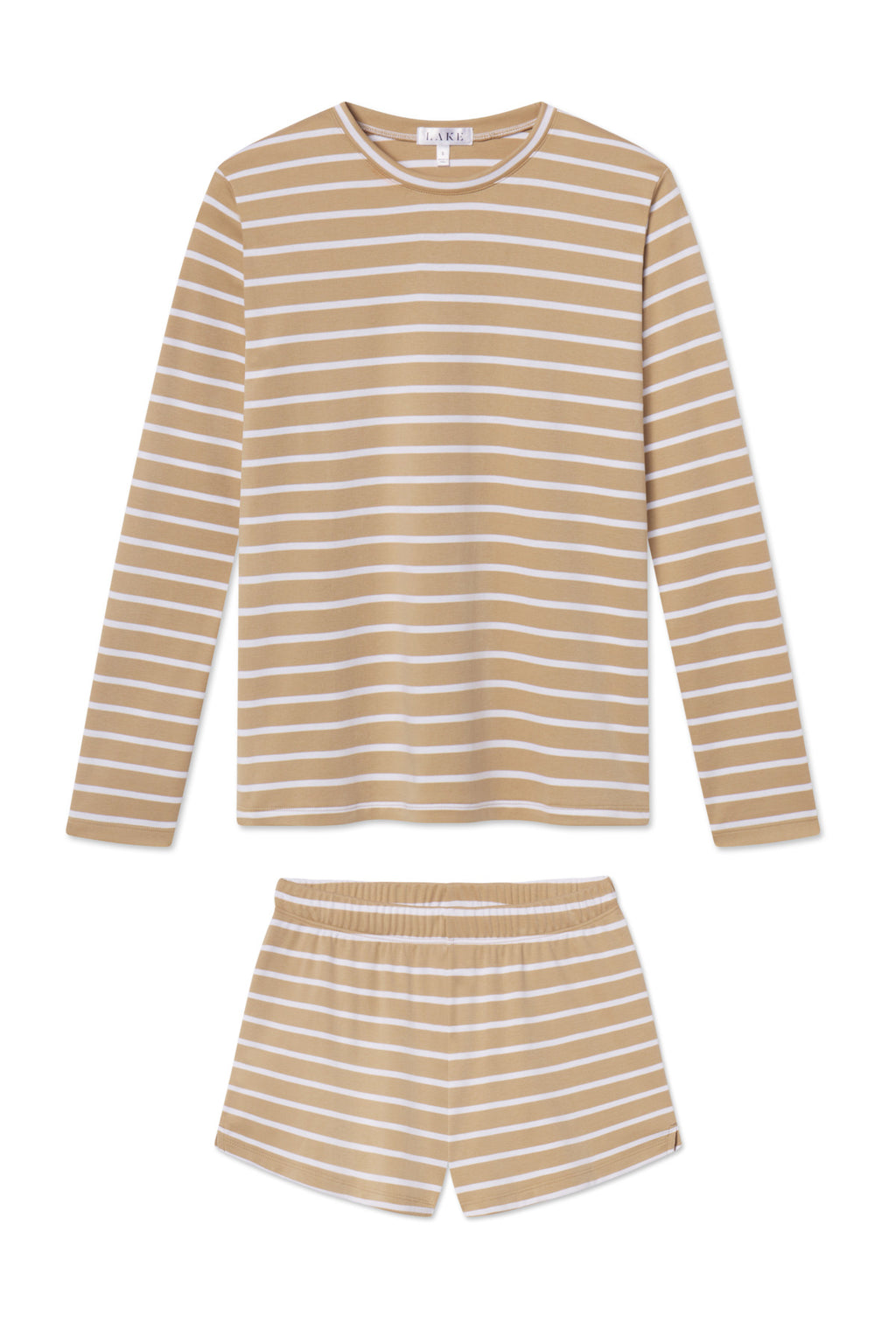 The Pima Crew Long-Short Set in Sandstone Anchor Stripe features a beige and white horizontal striped long-sleeve top and elastic waistband shorts, made from soft Pima Cotton, laid flat on a white background.