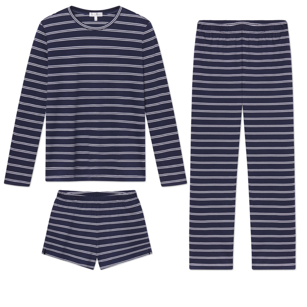 Pima Crew Long Sleeve Bundle in English Navy Tidal Stripe — XXS