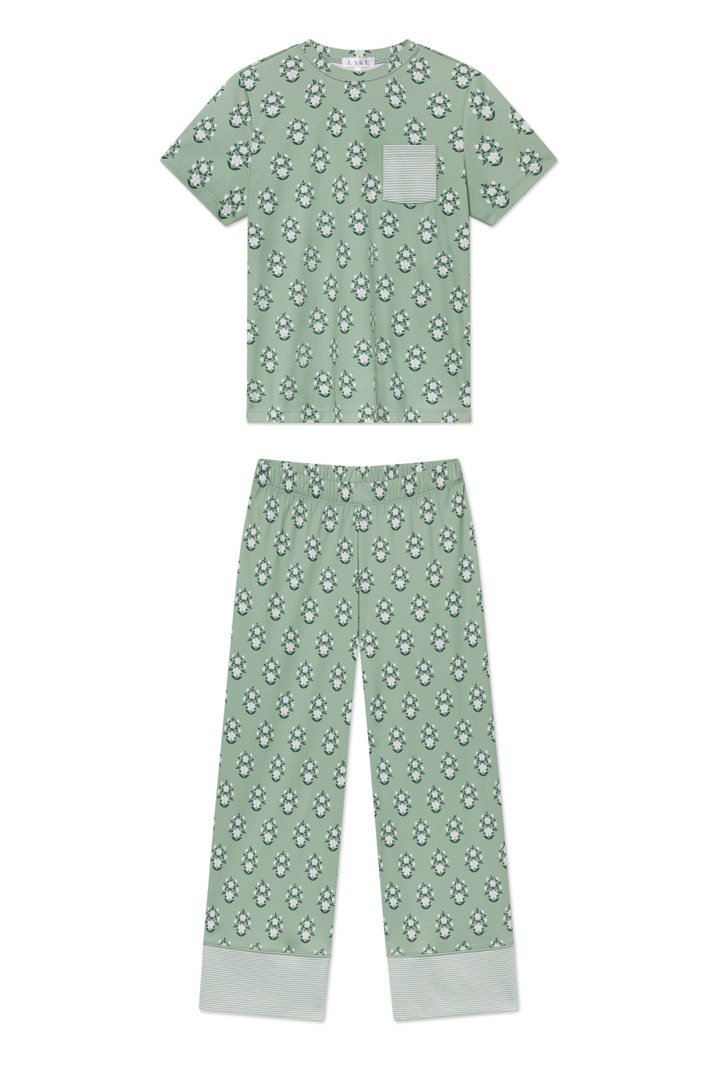 Pima Crew Wide Leg Pajama Set in Granite Green Cottage Floral: sage green pajama set with white floral block print, solid light green cuffs, short-sleeve top with matching floral chest pocket, and long wide-leg pants.