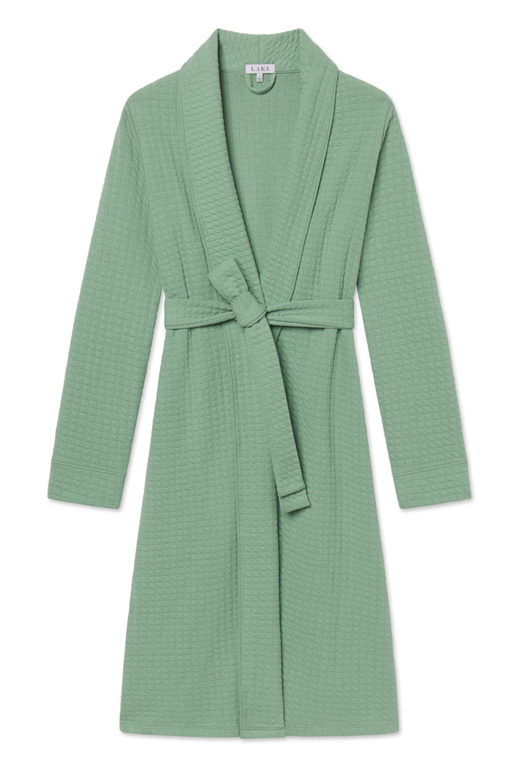 The Jacquard Spa Robe in Granite Green is a lightweight, knee-length cotton blend with a waffle weave, shawl collar, long sleeves, and a matching waist belt. Shown laid flat on a white background.