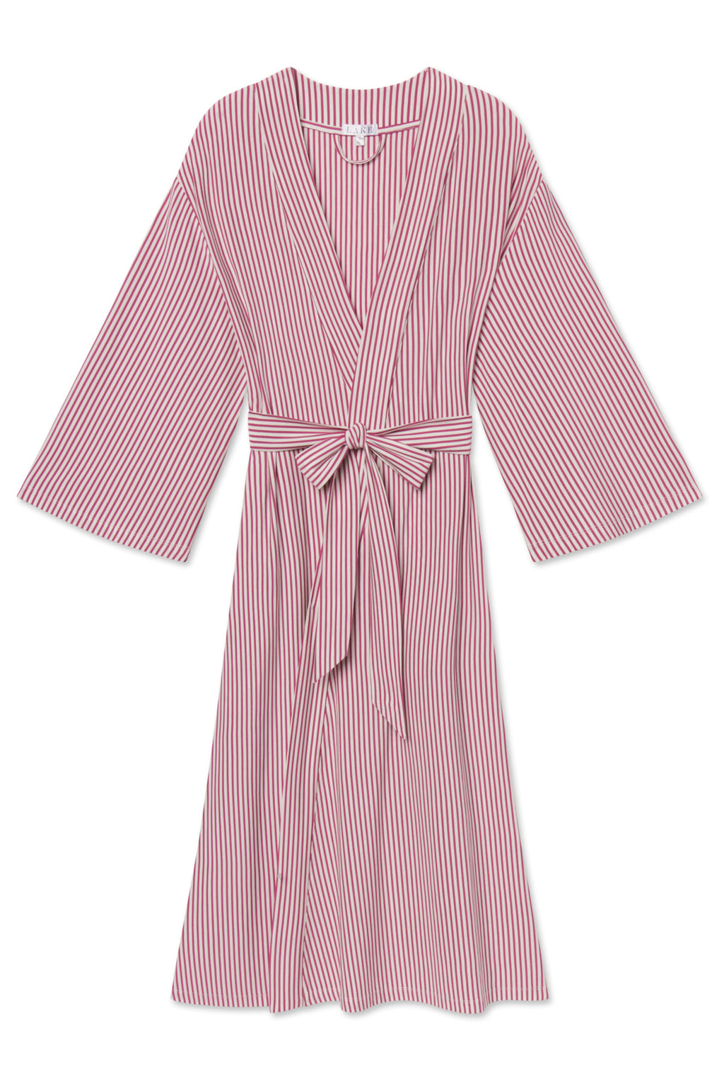 The DreamModal Kimono Robe in Camellia Pencil Stripe is a knee-length, long-sleeved modal robe in red and white with a V-neckline and fabric waist belt.
