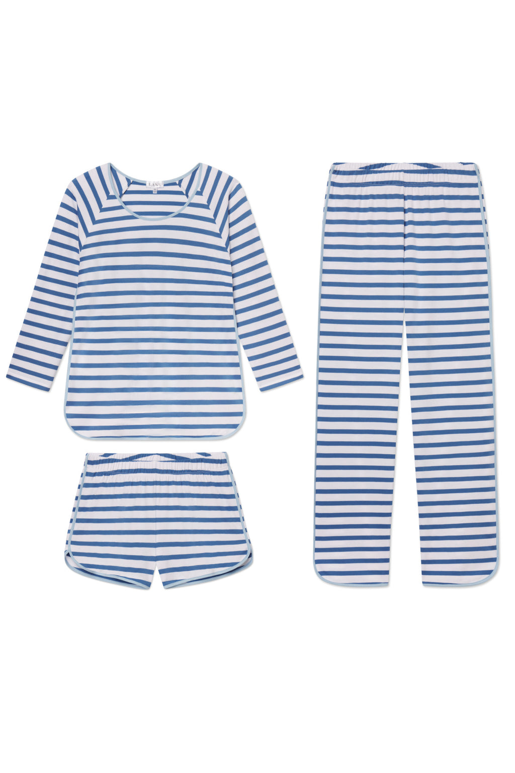 The Pima Long Sleeve Bundle in Seaport Stripe features blue and white wide stripes, a soft Pima cotton long-sleeve top, matching long pants with an elastic waistband, and coordinating shorts, all displayed on a white background.