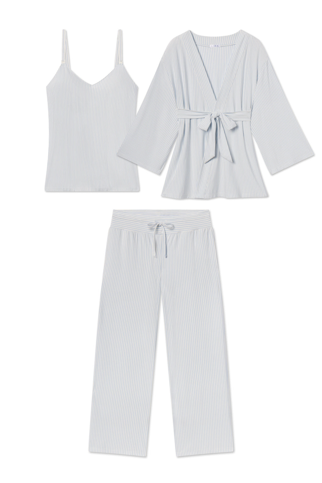 The Maternity DreamModal Kimono Three-Piece Set in Fog includes a camisole top, tie-front robe, and drawstring wide-leg pants—ideal for stylish maternity loungewear.