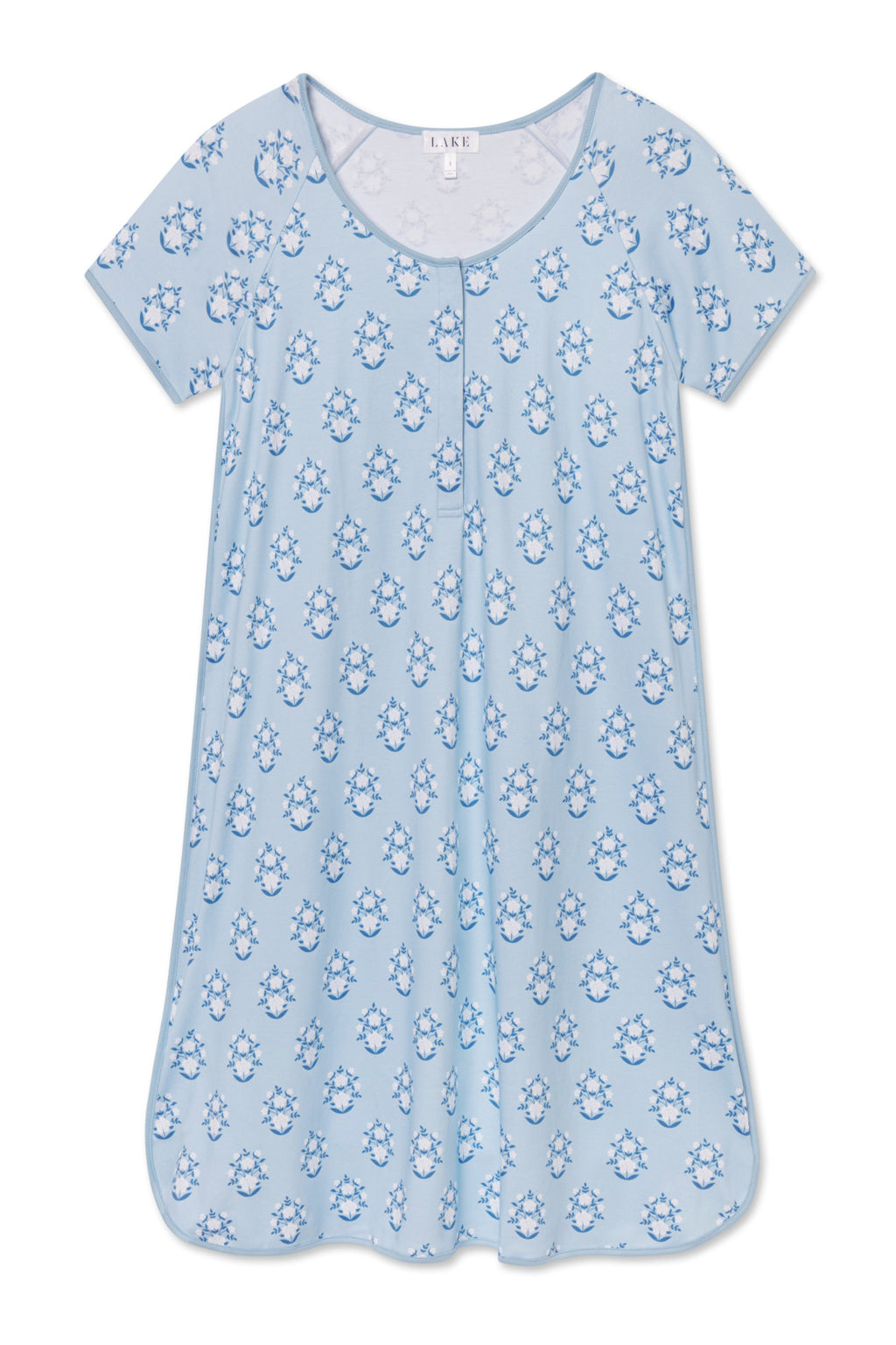 The Pima Maternity Nightgown in French Blue Cottage Floral features a scoop neck, short sleeves, and an all-over blue and white floral pattern for a comfy sleepwear option.