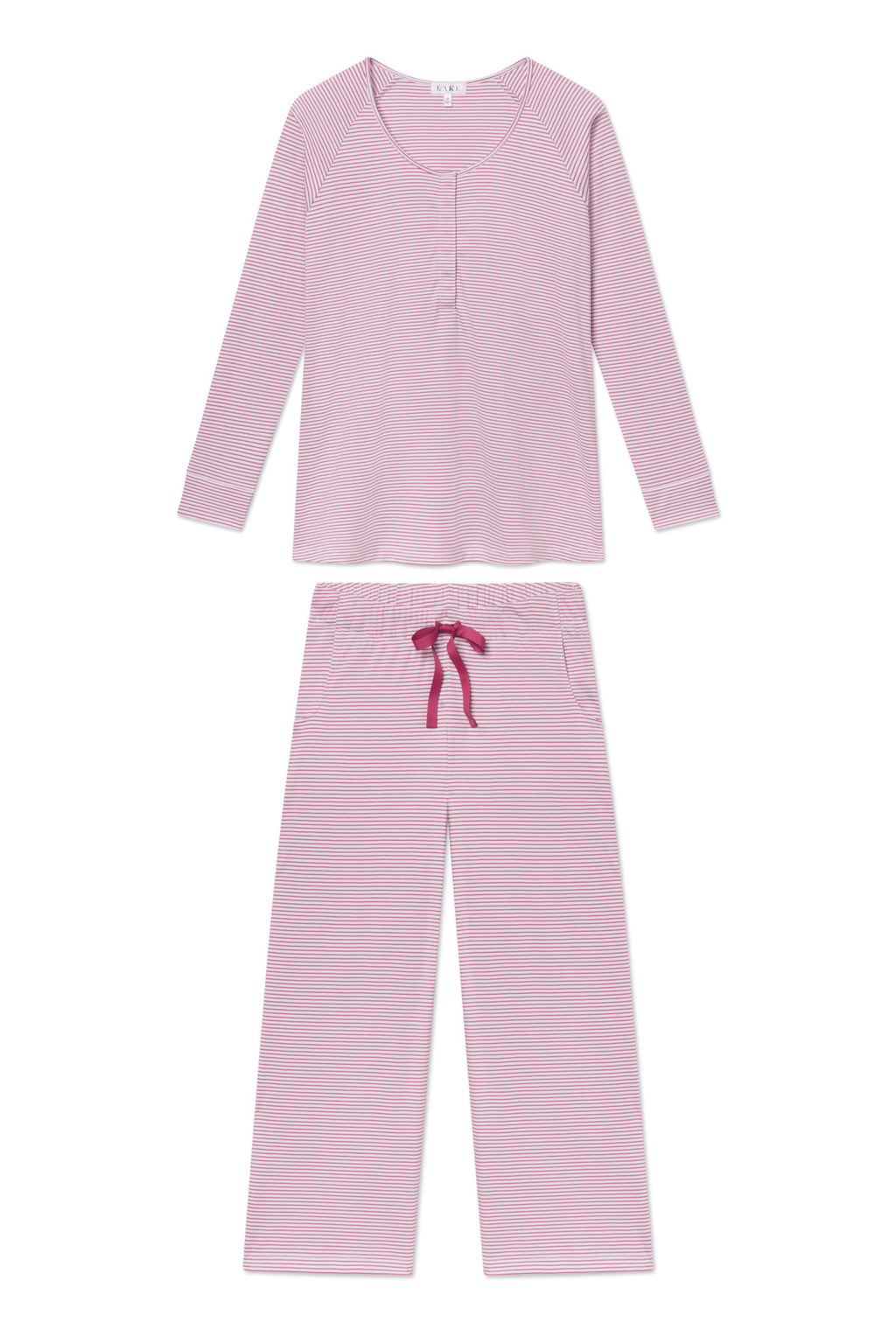 The Pima Maternity Wide Leg Pajama Set in Camellia Stripe features a two-piece women’s set with long sleeves and wide leg pants in light pink with thin white stripes, plus an elastic waistband and contrasting dark pink drawstring.