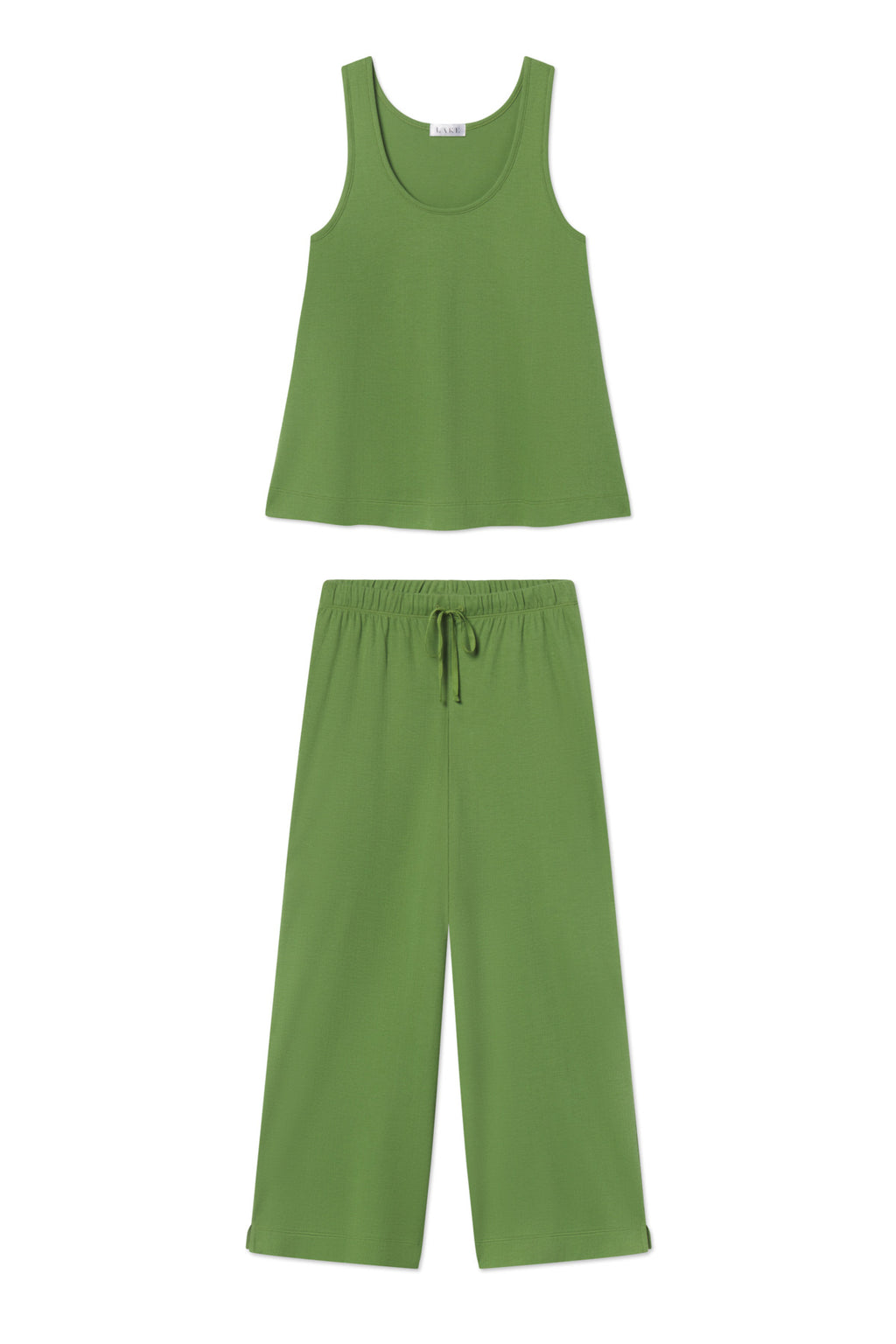 The Pointelle Pajama Pants Set in Willow Bough features a sleeveless green tank top and matching wide-leg, drawstring pants in lightweight knit Pima cotton—ideal for hot sleepers—displayed flat on a white background.