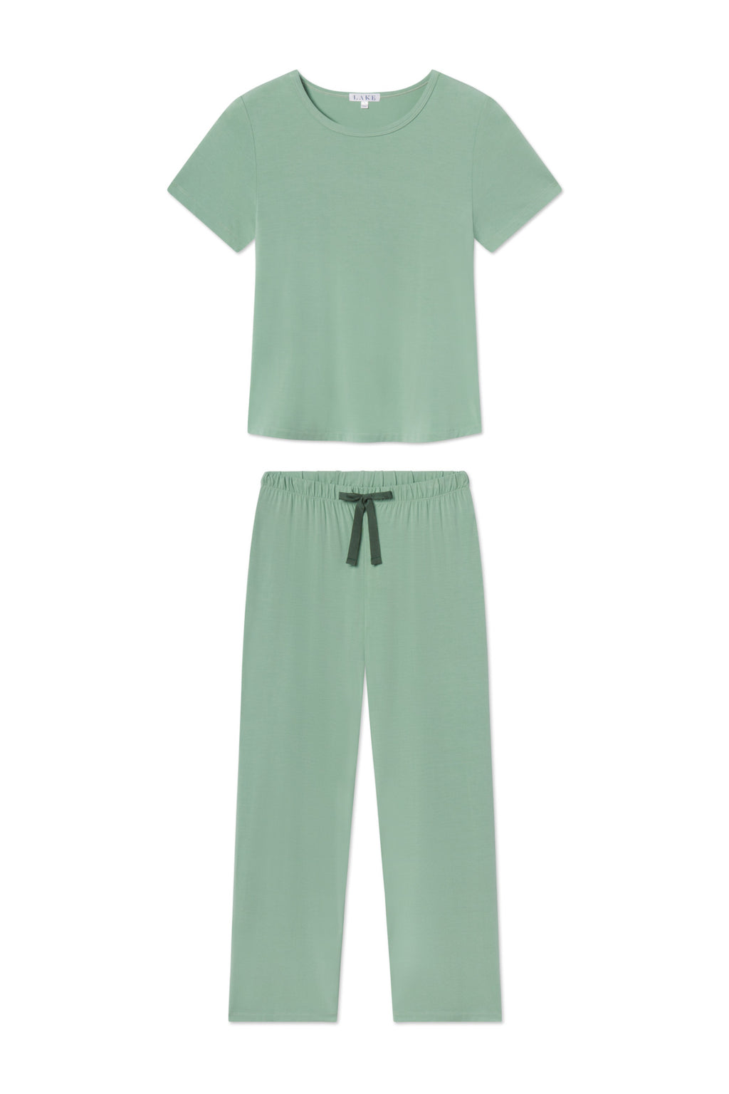 DreamModal Ribbon Short-Long Set in Granite Green with a round-neck top and matching drawstring pajama pants featuring an elastic waistband and black drawstring.