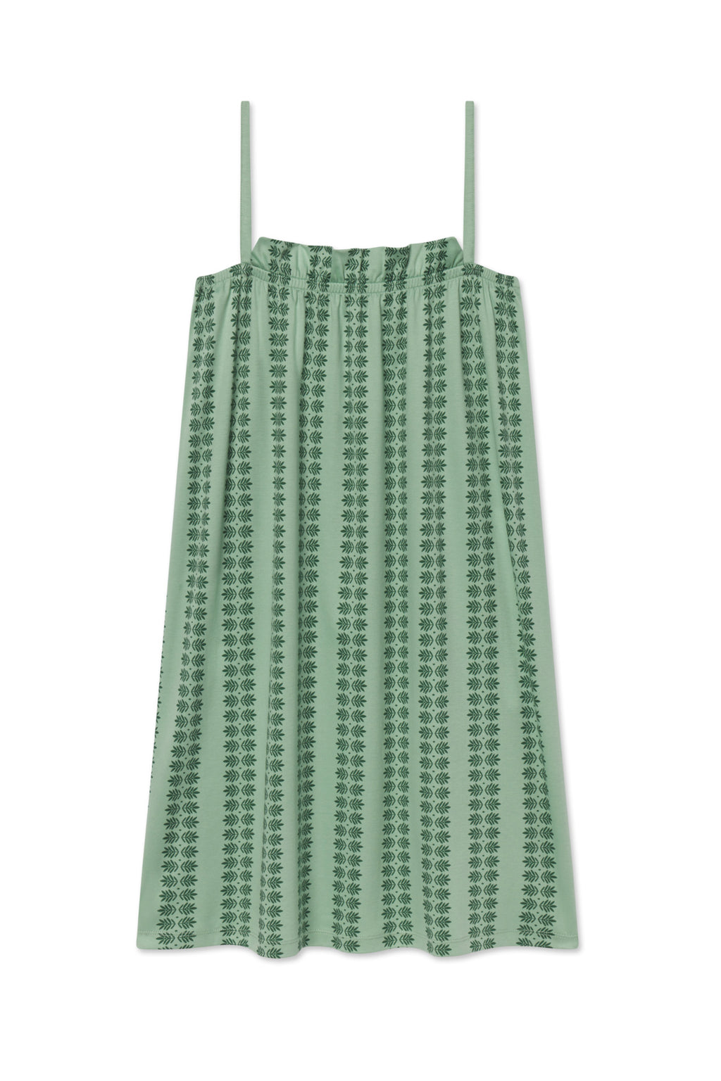 The Pima Ruffle Nightgown in Granite Green Trellis features thin straps, a gathered neckline, and a knee-length cut with a soft Pima cotton fabric adorned with small dark green floral motifs in a vertical pattern.