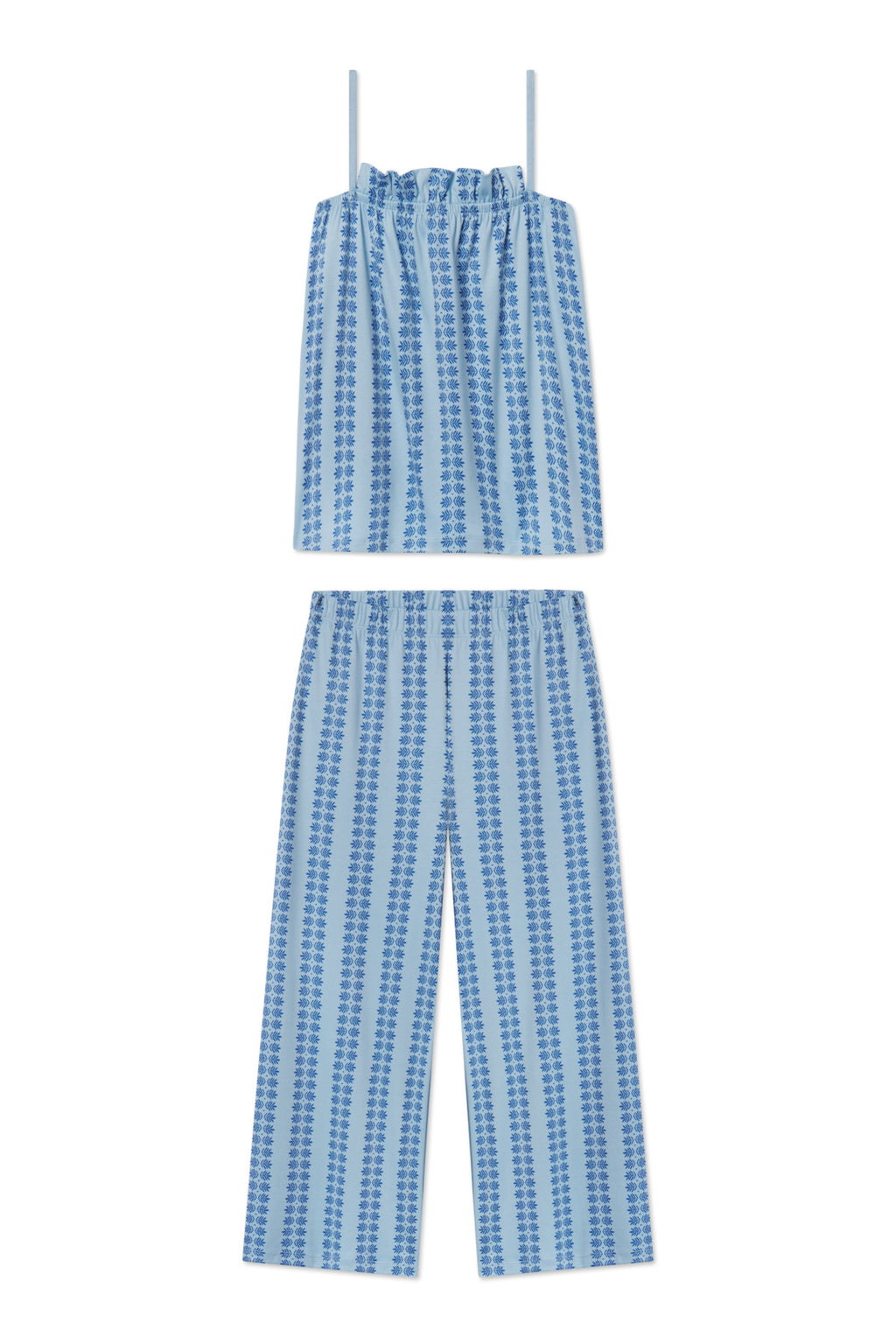 The Pima Ruffle Pants Set in French Blue Trellis features a sleeveless ruffled camisole and wide-leg, elastic-waist pants in soft Pima cotton with small dark blue floral patterns.