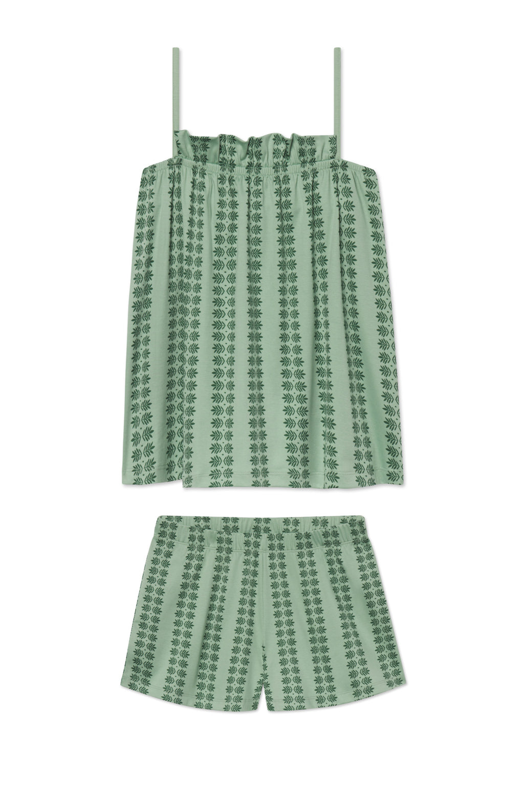 The Pima Ruffle Shorts Set in Granite Green Trellis is a womens light green sleepwear featuring a sleeveless ruffle-neck camisole and shorts, both made from soft Pima cotton with a dark green floral pattern.