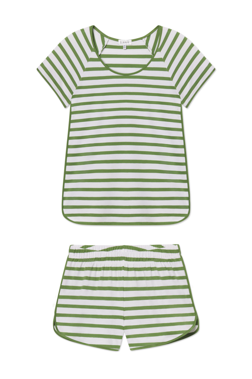 The Pima Shorts Set in Willow Bough Stripe is a moss green and white two-piece pajama with a short-sleeve top and breathable, elastic-waist shorts, made from soft pima cotton for maximum comfort.