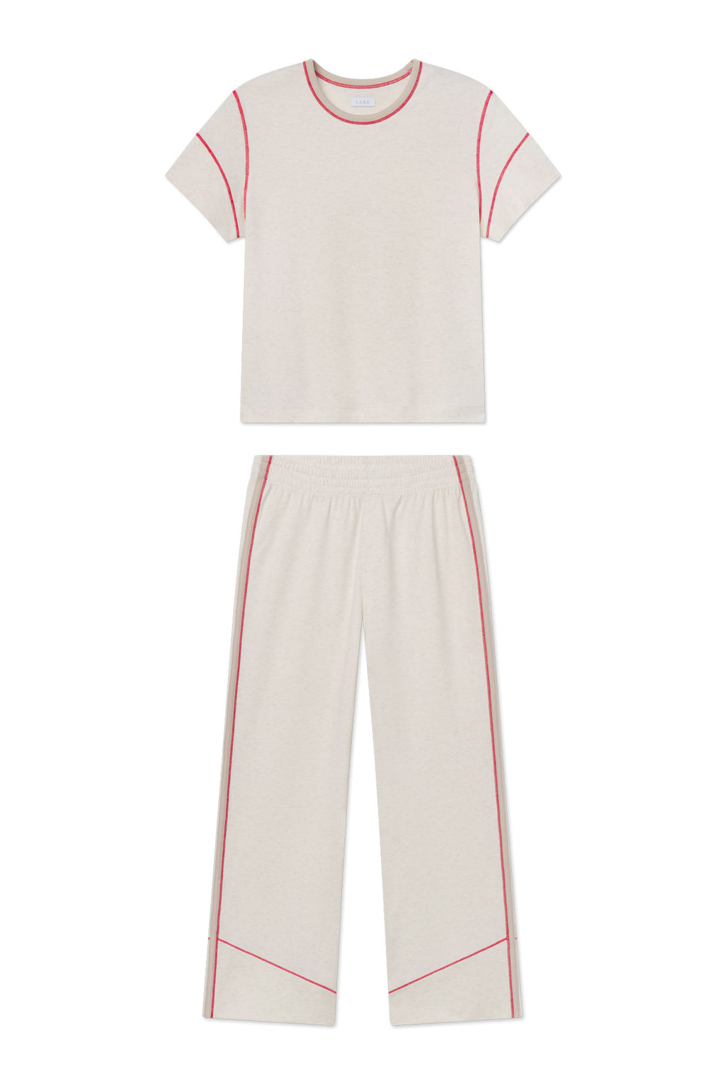 Stone heather short-sleeve t-shirt and wide-leg pants with pink contrast seaming throughout.