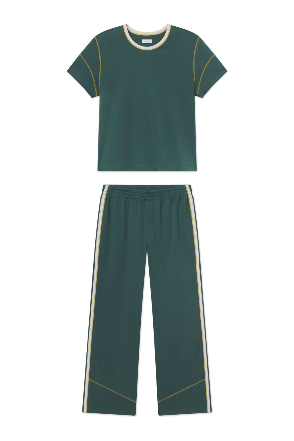 Trekking green short-sleeve tee and matching wide-leg pants with cream and gold trim.