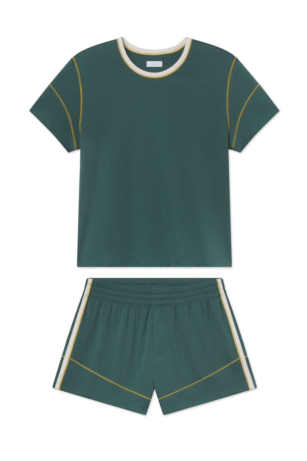 Trekking green t-shirt and shorts set with gold and cream trim detail.