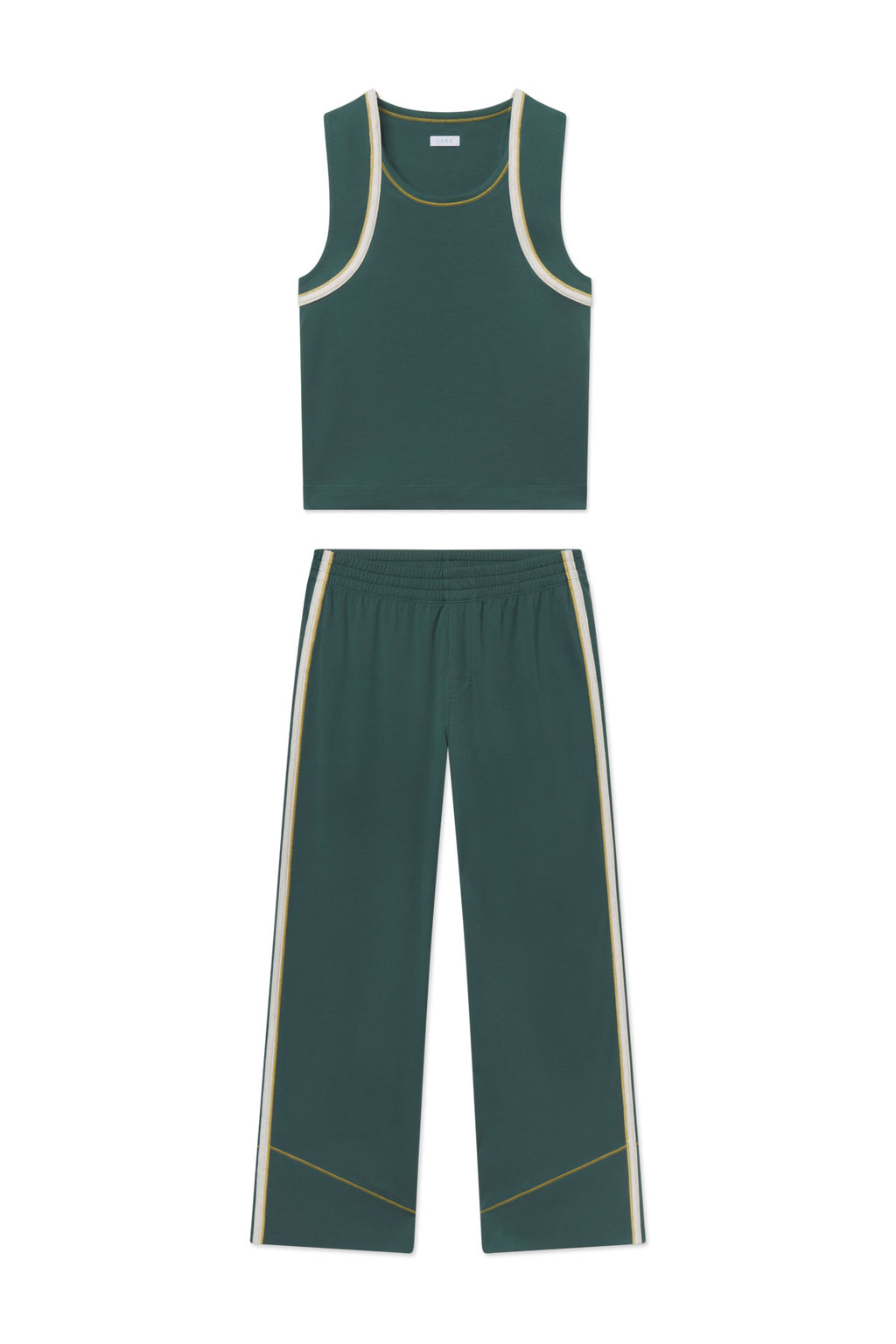 Trekking green sleeveless tank top and matching wide-leg pants with cream and gold trim details.