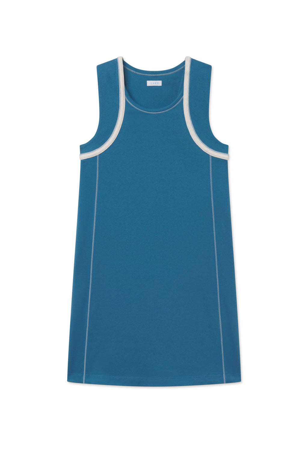 Blue sleeveless tank gown with white contrast binding on armholes and side seams.