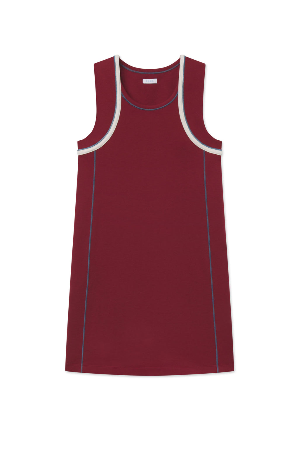 Deep burgundy sleeveless tank gown with white and blue trim details on armholes and side seams.