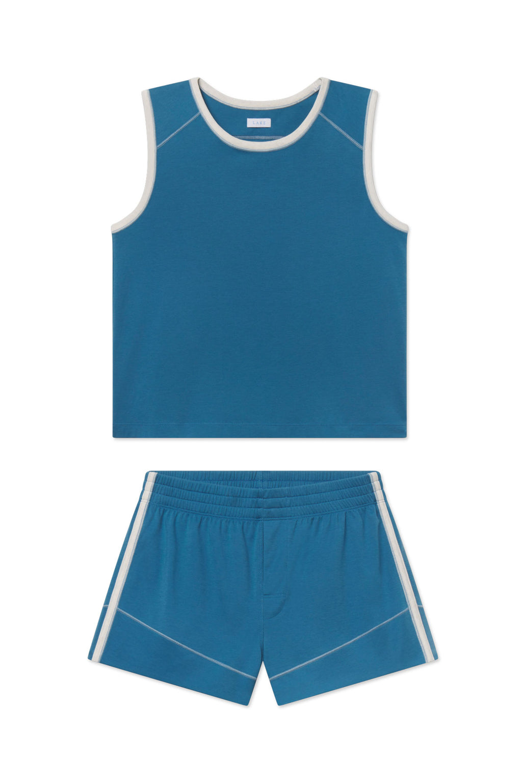 Blue tank top with cream trim and matching blue shorts with white side stripes.