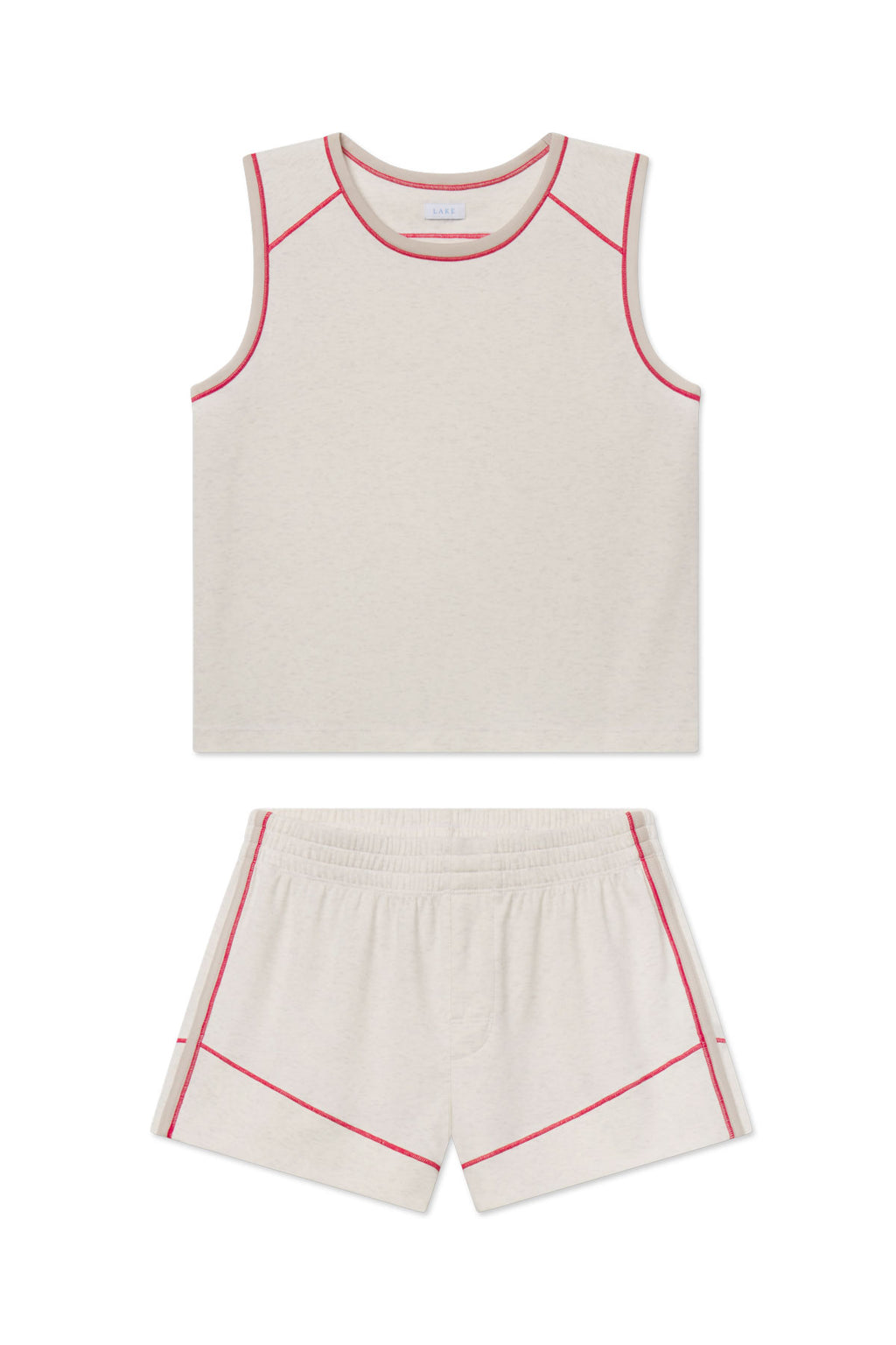 Stone heather tank top and shorts set with pink contrast stitching and trim.