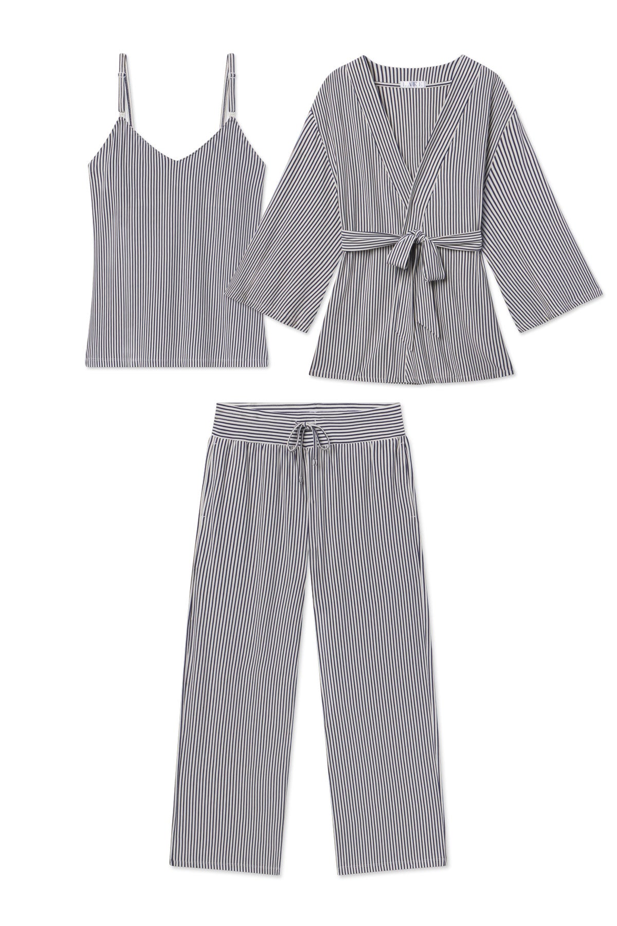 Maternity Dream Modal Kimono Three-Piece Set in Blue Depths Pencil Stripe XS
