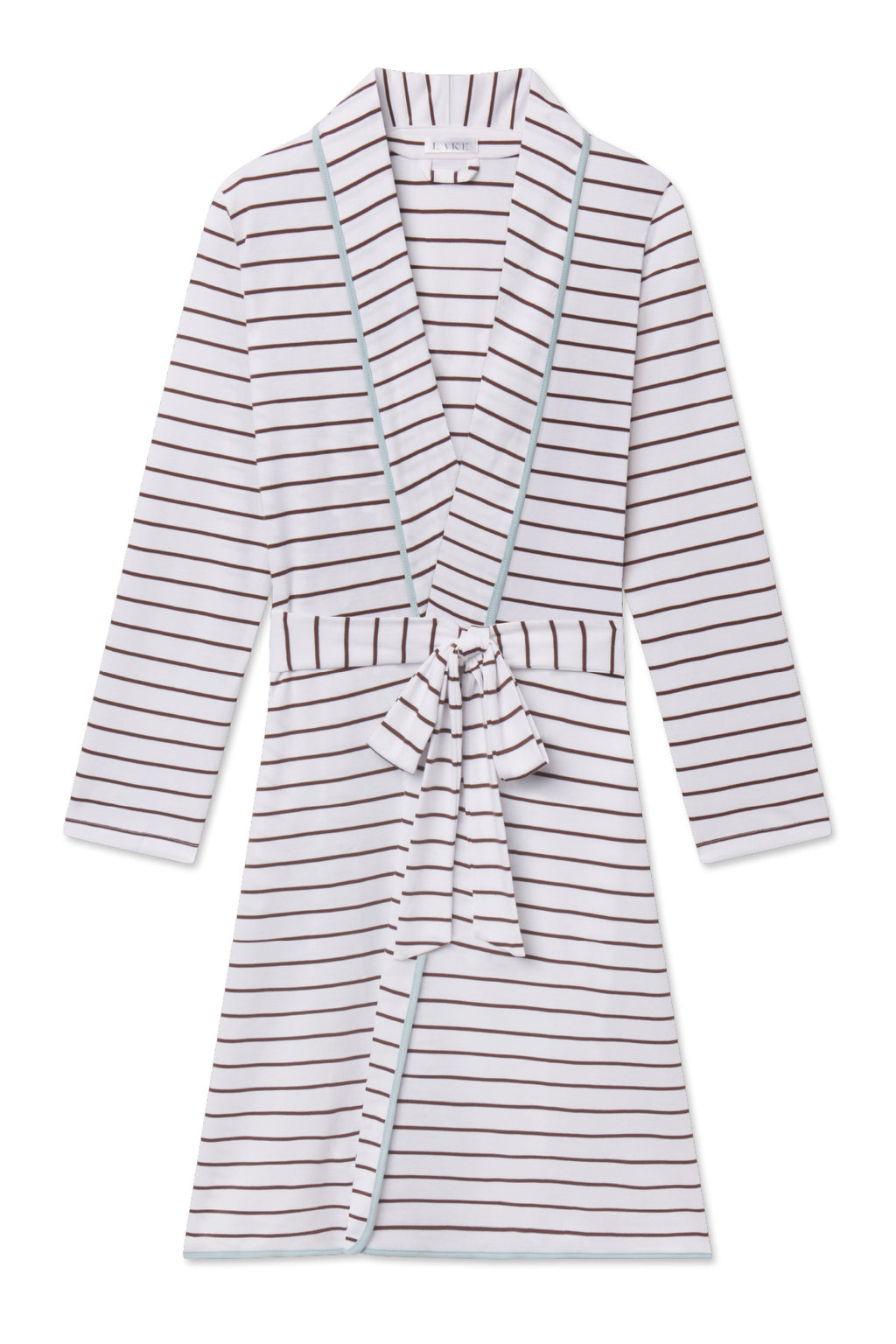 Striped robe with burgundy and white horizontal lines, tie waist detail, and long sleeves.