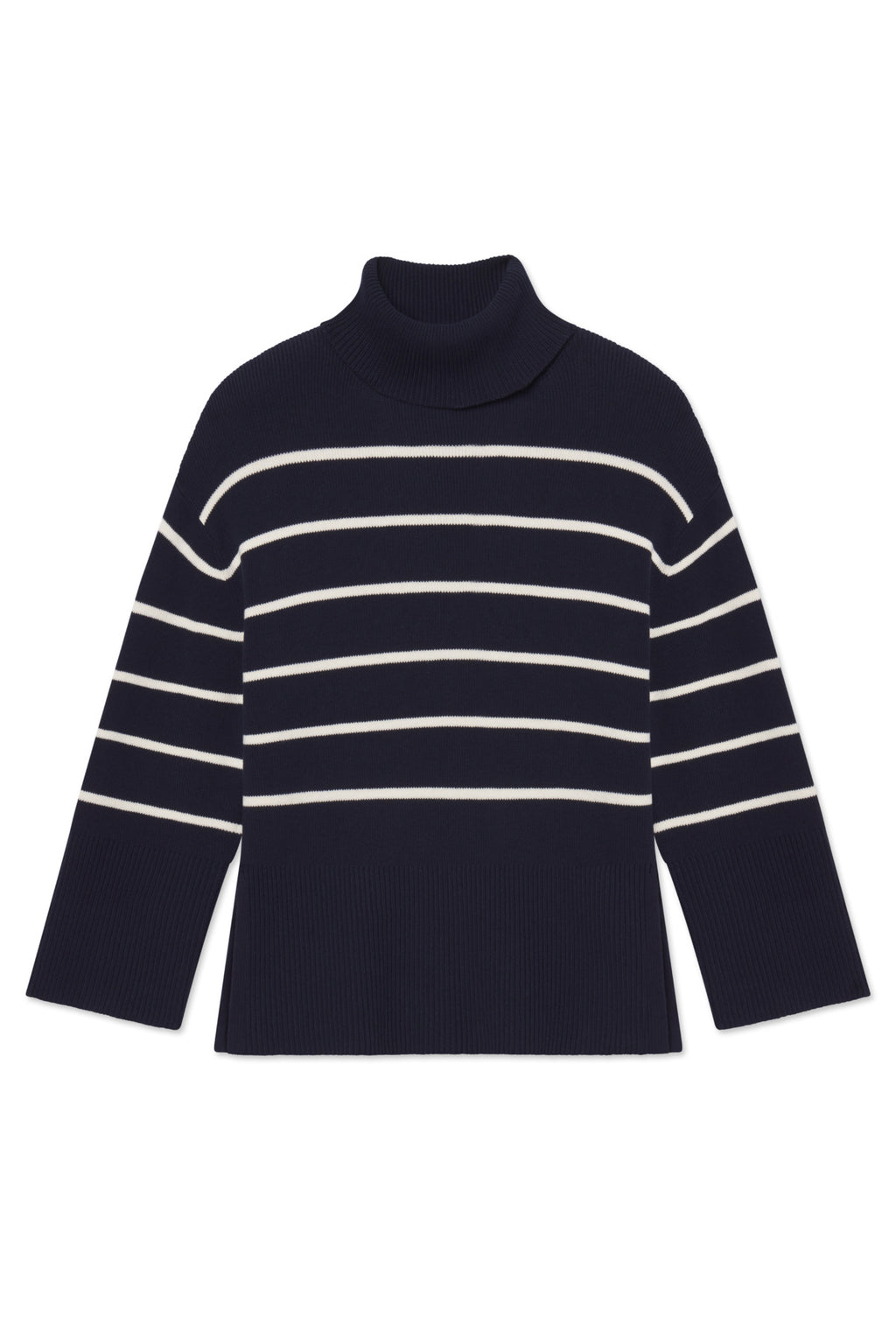 The Madeline Sweater in English Navy Banker Stripe is a navy turtleneck with white horizontal stripes, long sleeves, and ribbed texture at the hem, cuffs, and neck.
