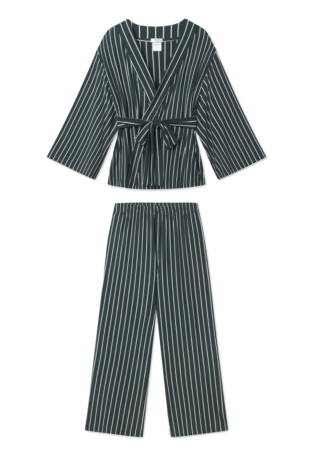 The DreamModal Kimono Pajama Set in Conifer Stripe is a dark green set with white stripes, featuring a nursing-friendly long-sleeve wrap top with waist tie and wide-leg pants with an elastic waistband.