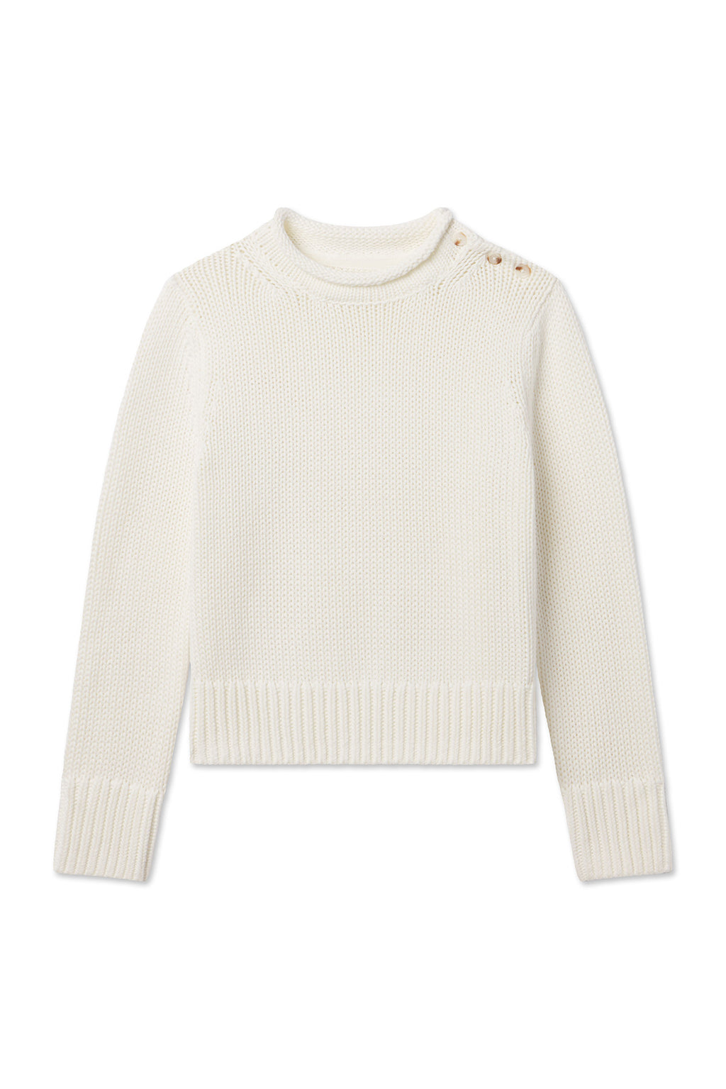 The Jane Cotton Sweater in Ivory features long sleeves, a chunky knit, ribbed crew neck, hem, and cuffs, plus two buttons on one shoulder for a stylish touch.