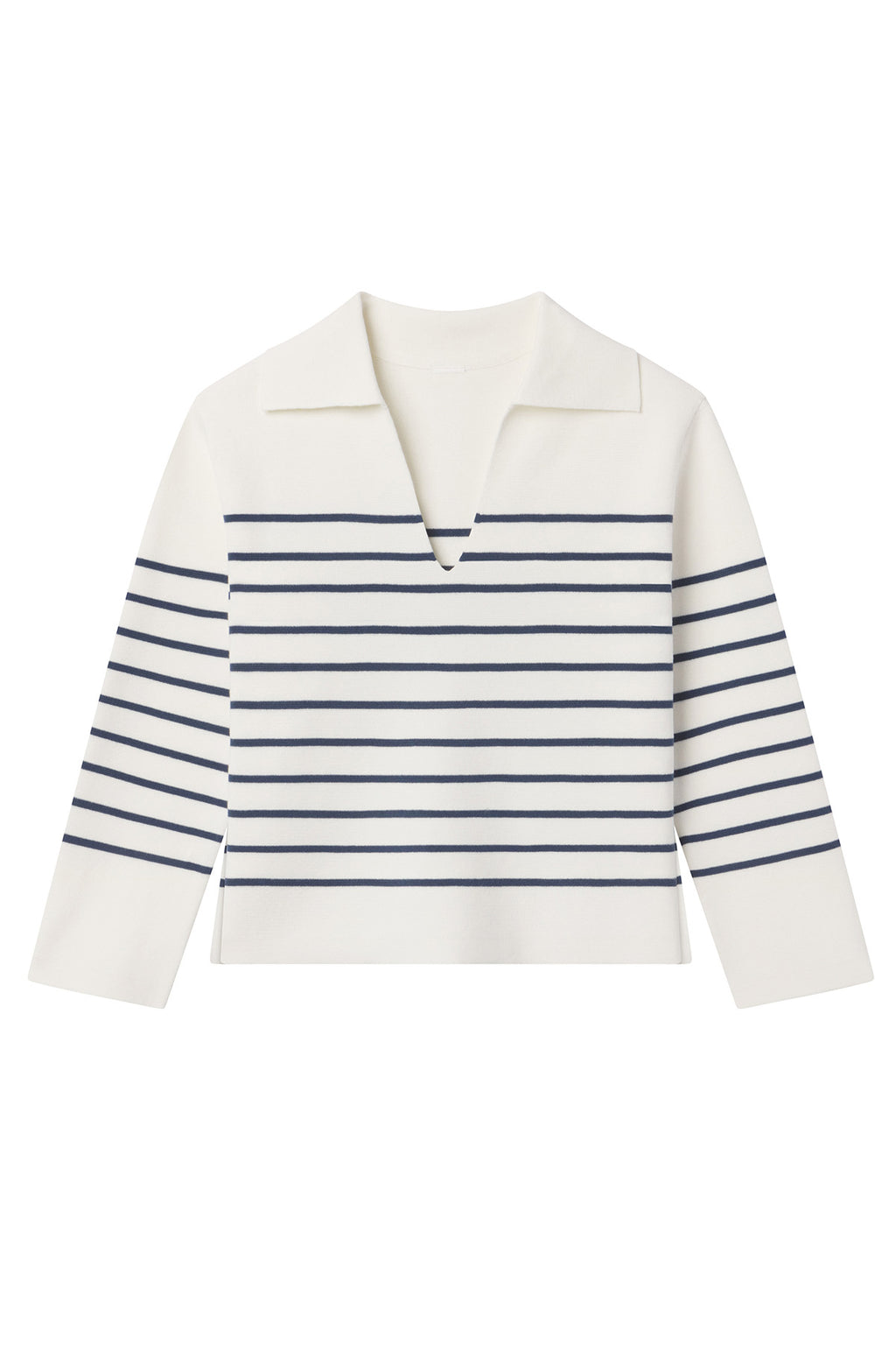 The Lydia Cotton Sweater in Nautical Stripe is a long-sleeve, 100% cotton pullover with navy blue stripes on white and a wide V-neck collar.