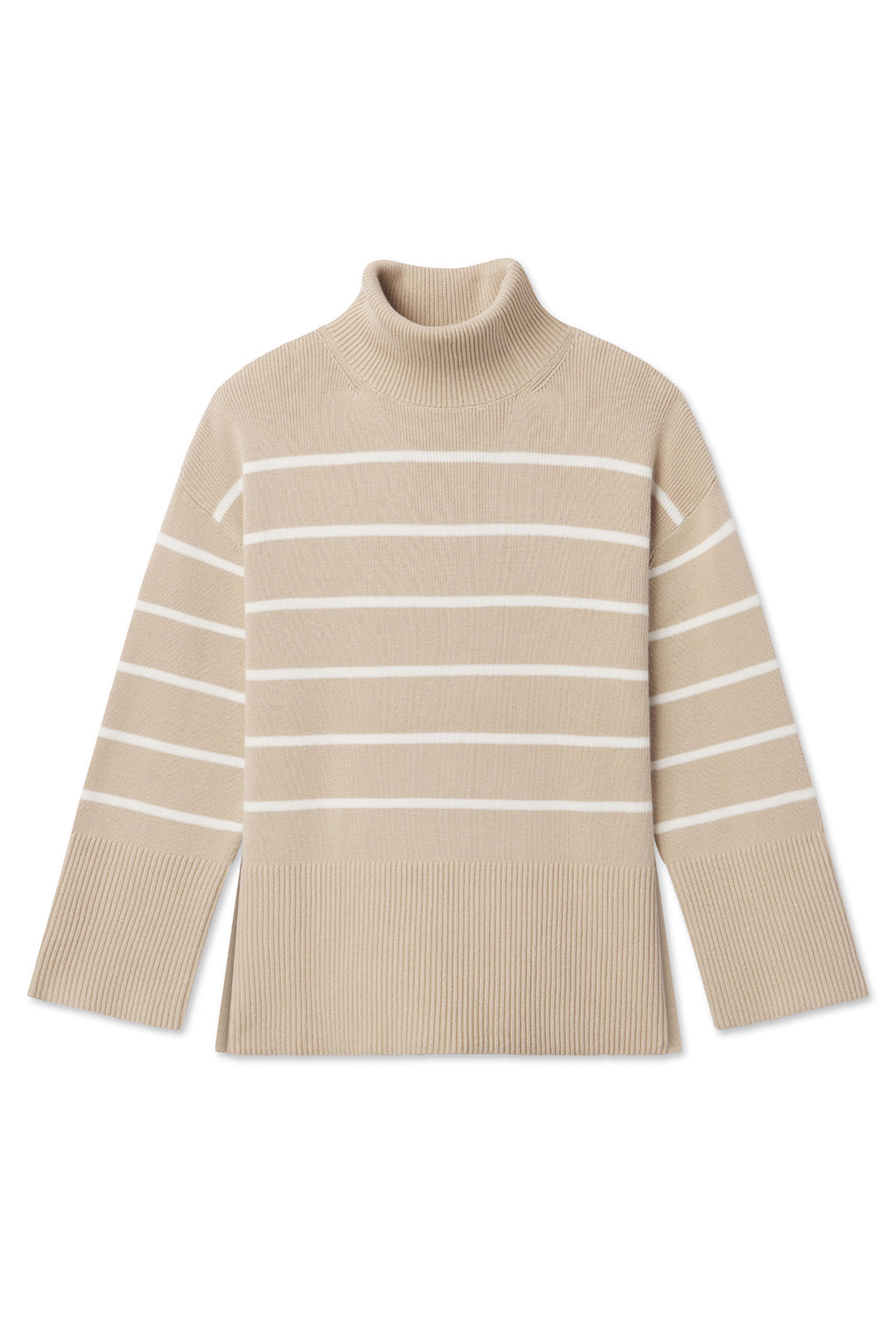 The Madeline Cotton Sweater in Driftwood Ivory Stripe is a beige turtleneck with white stripes, wide ribbed cuffs and hem, side slits, and made from 100% cotton. Sweater is shown laid flat on a white background.
