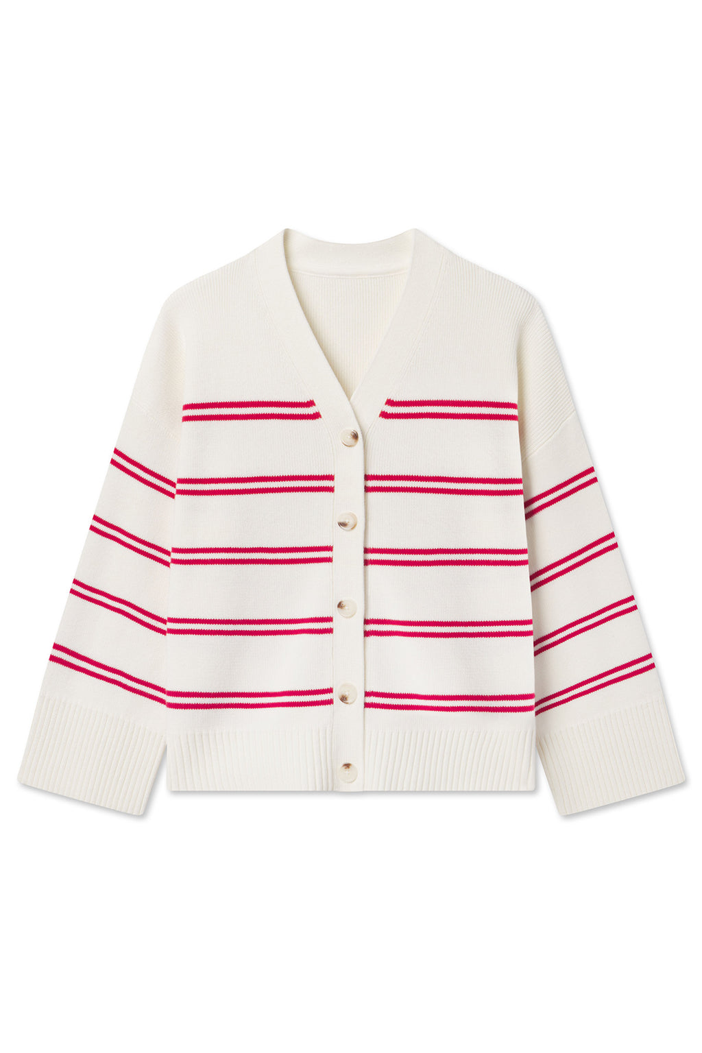 The Nora Cotton Cardigan in Ivory Red Stripe is a varsity-style sweater featuring white buttons, a V-neck, and ribbed cuffs and hem.