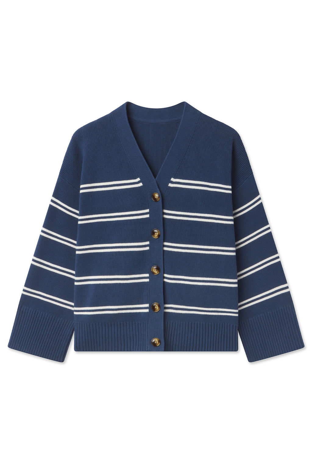 The Nora Cotton Cardigan in Navy Ivory Stripe has a varsity-inspired look with navy and ivory stripes, a V-neckline, long sleeves, ribbed cuffs and hem, and five brown front buttons.
