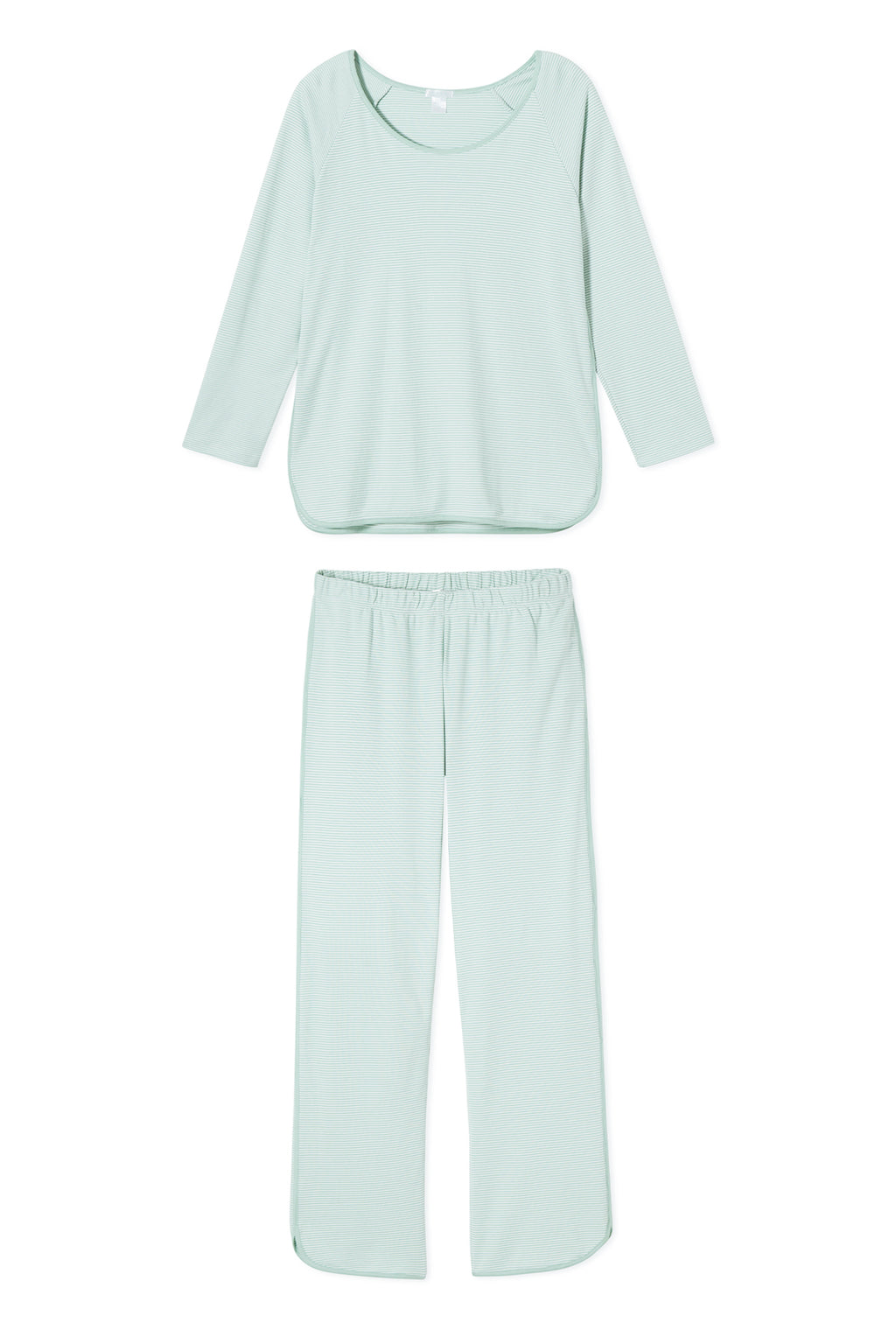 The Pima Long-Long Set in Parisian Green is a soft Pima Cotton pajama set with a round-neck, three-quarter sleeve top and matching elastic waist pants, shown laid flat on a white background.