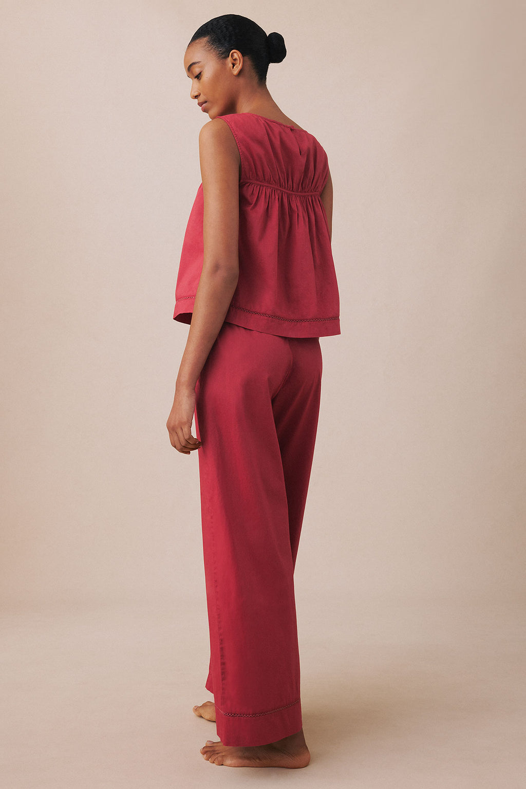 Bordeaux sleeveless tank top and long pants set with gathered waist detail, shown from the back.